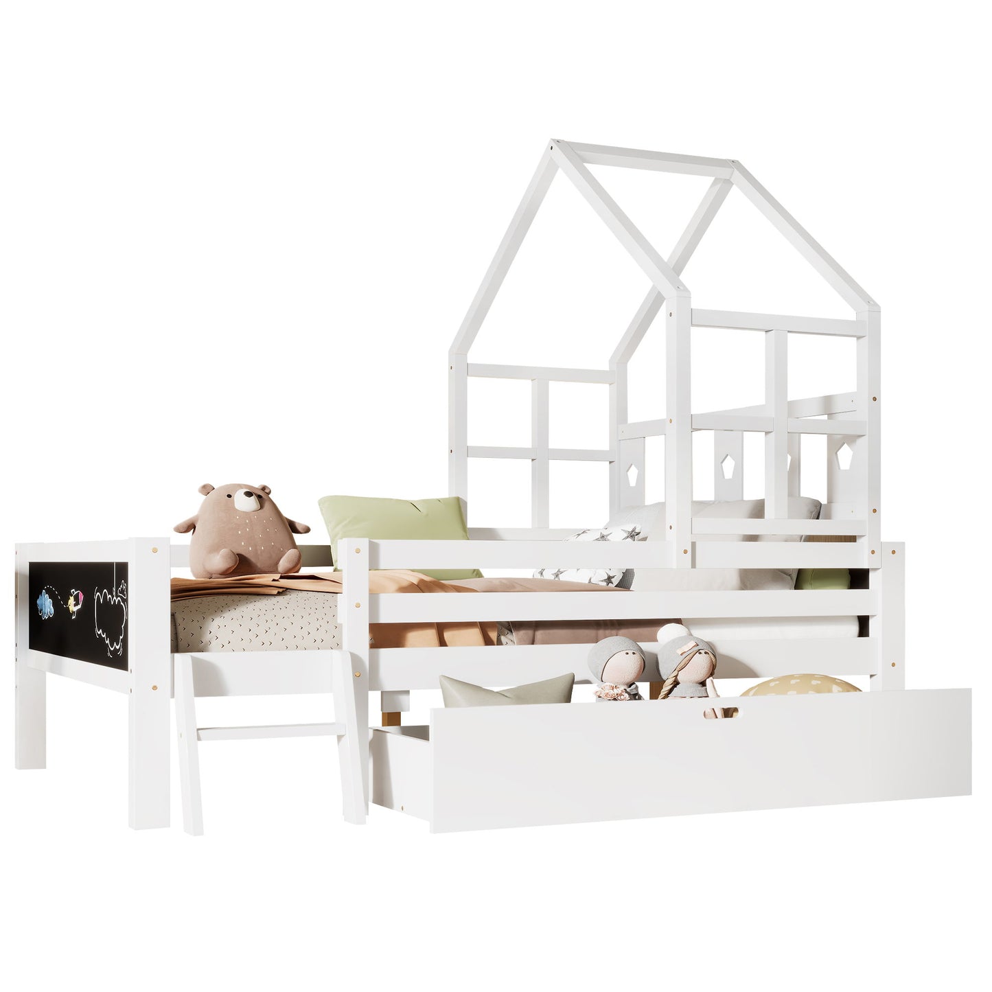 Full Size House Bed With Ladder And Storage Drawers Platform With Blackboard, No Box Spring - White