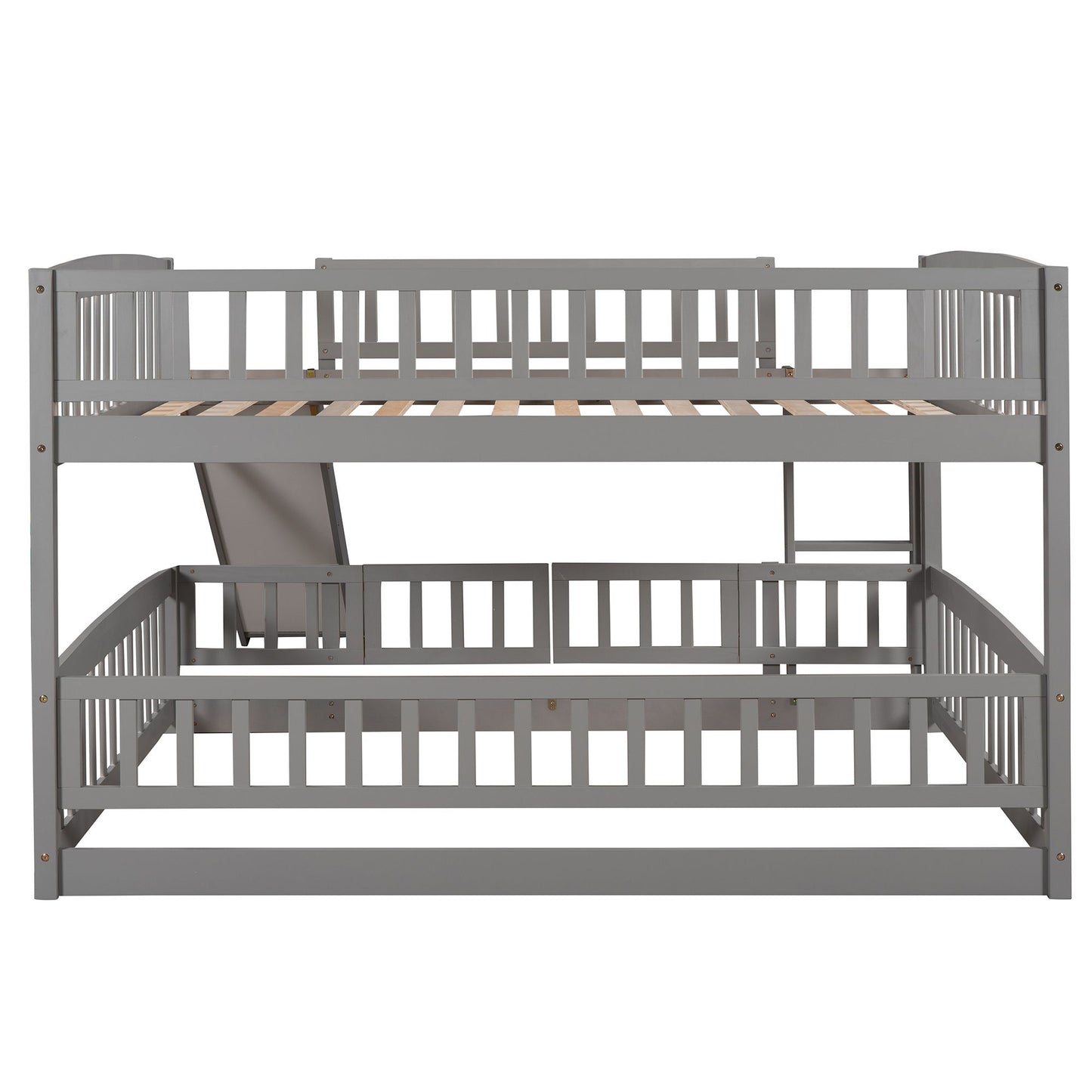 Full Over Full Low Bunk Bed With Slide, Fence And Ladder - Gray