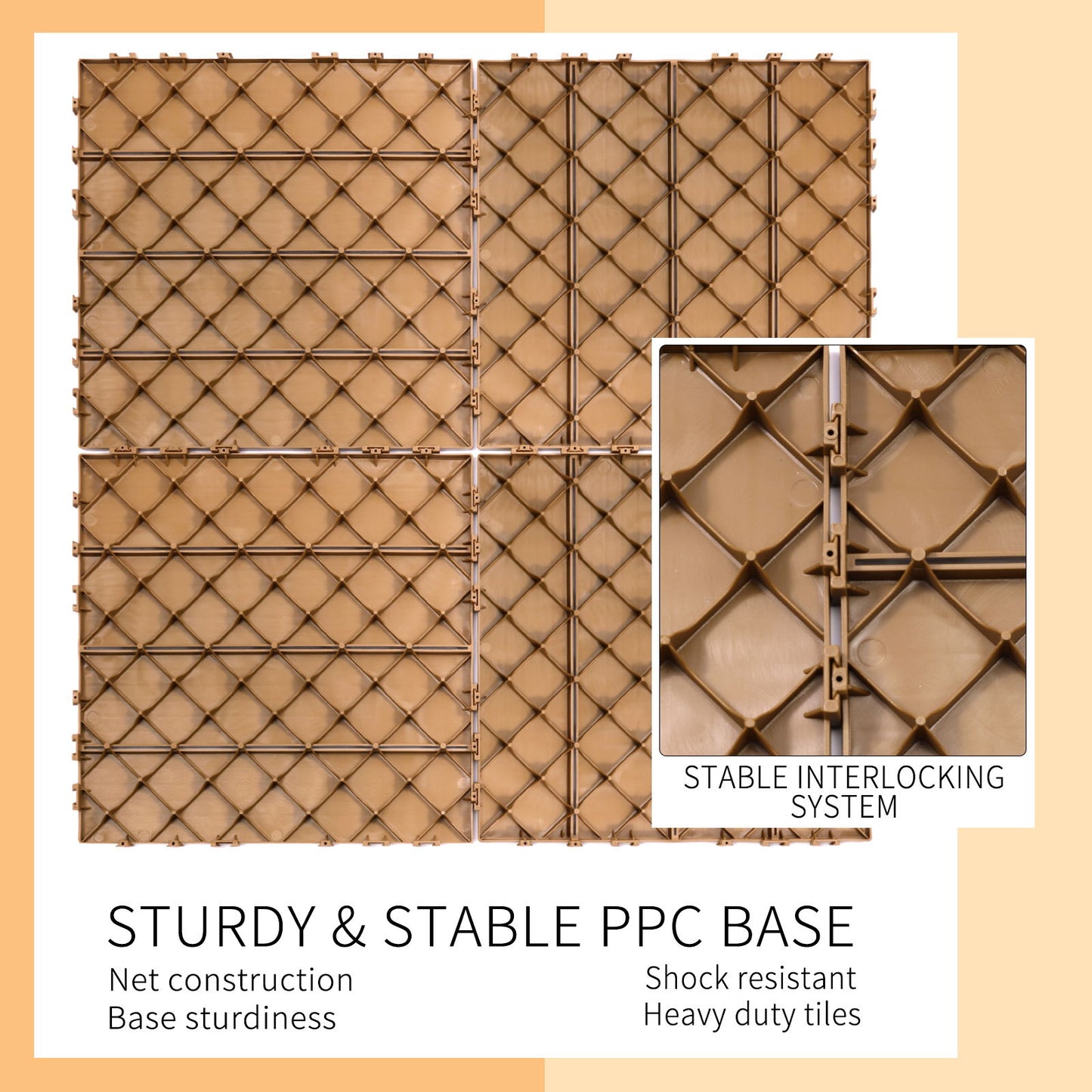 Plastic Interlocking Deck Tiles, (Set of 44), Patio Flooring Outdoor Waterproof All Weather Use For Garden Poolside Front / Back Yard - Burlywood