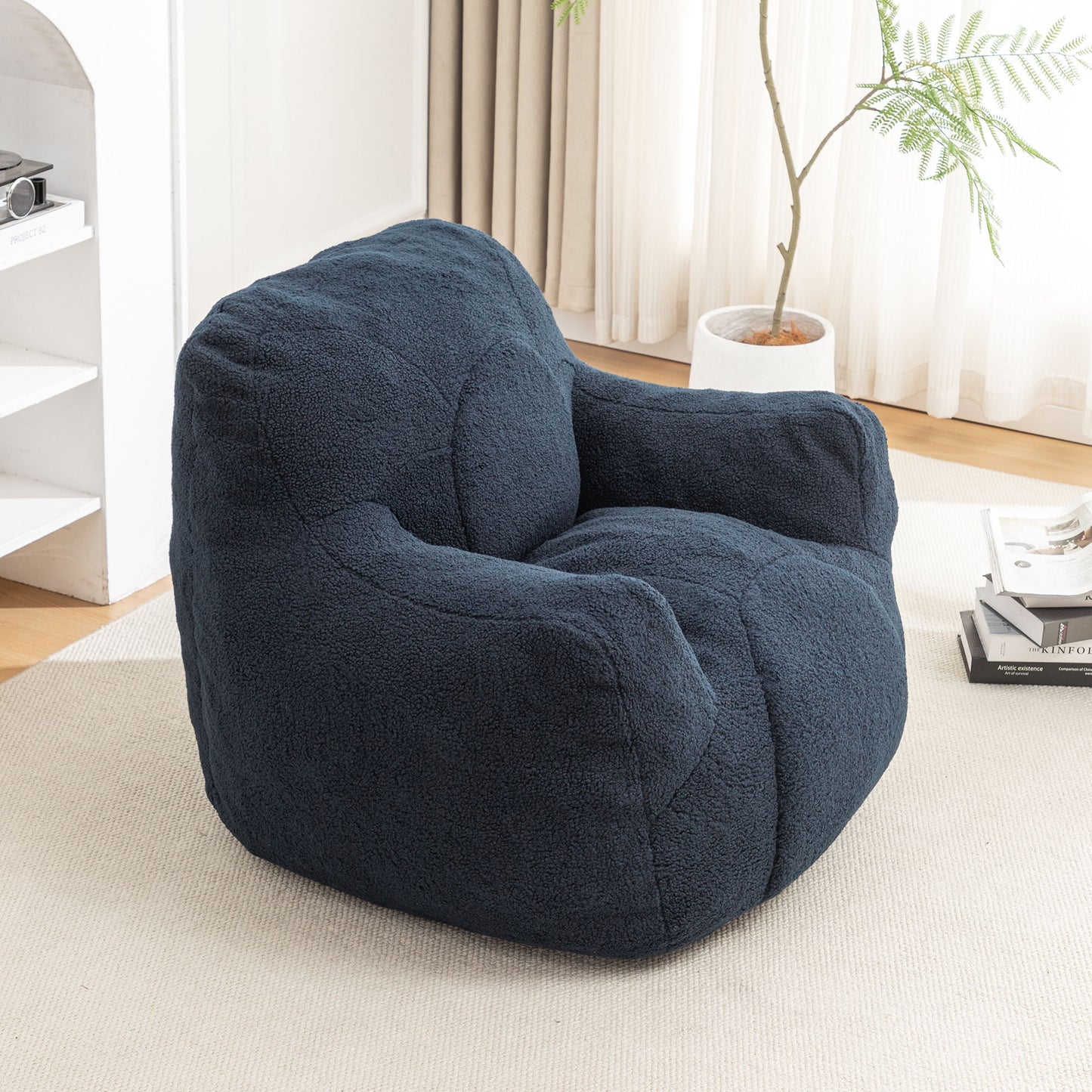 Comfy Bean Bag Chair With Filler, Tufted Memory Foam Sofa, Teddy Fabric, Fluffy And Cozy Seating For Dorm, Apartment, Or Living Room - Dark Blue