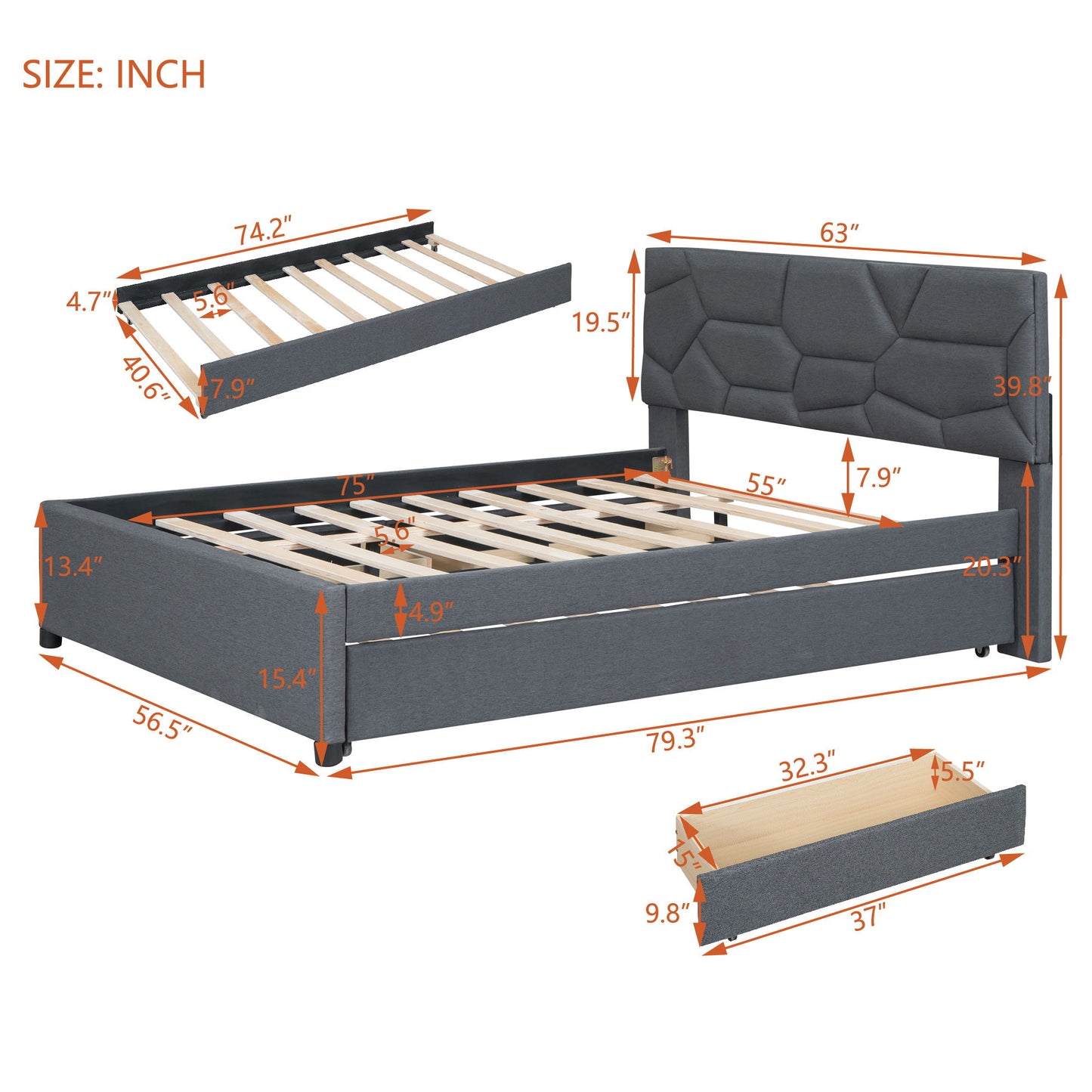 Full Size Upholstered Platform Bed With Brick Pattern Headboard, With Twin Size Trundle And 2 Drawers - Gray