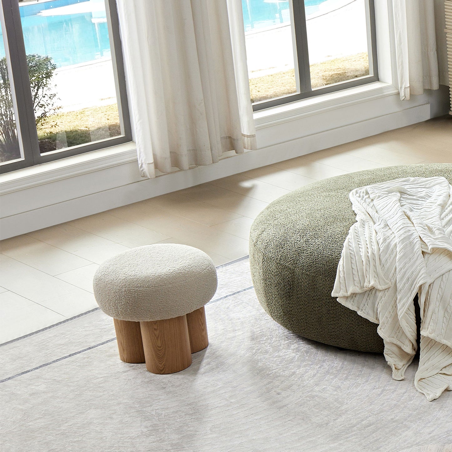 Mushroom Stool With Plush Cushion, Wooden Barrel Pipe - Greige / Walnut