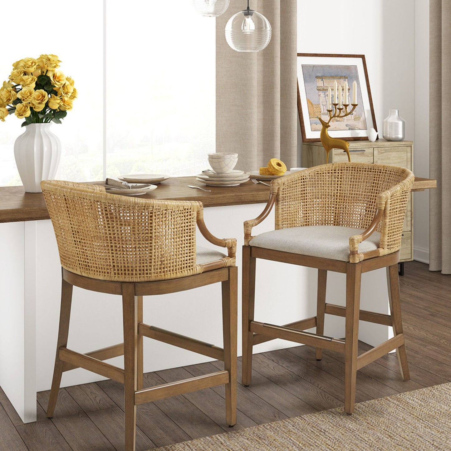 Handcrafted Rattan Counter Stool With Cushioned Seat - Natural