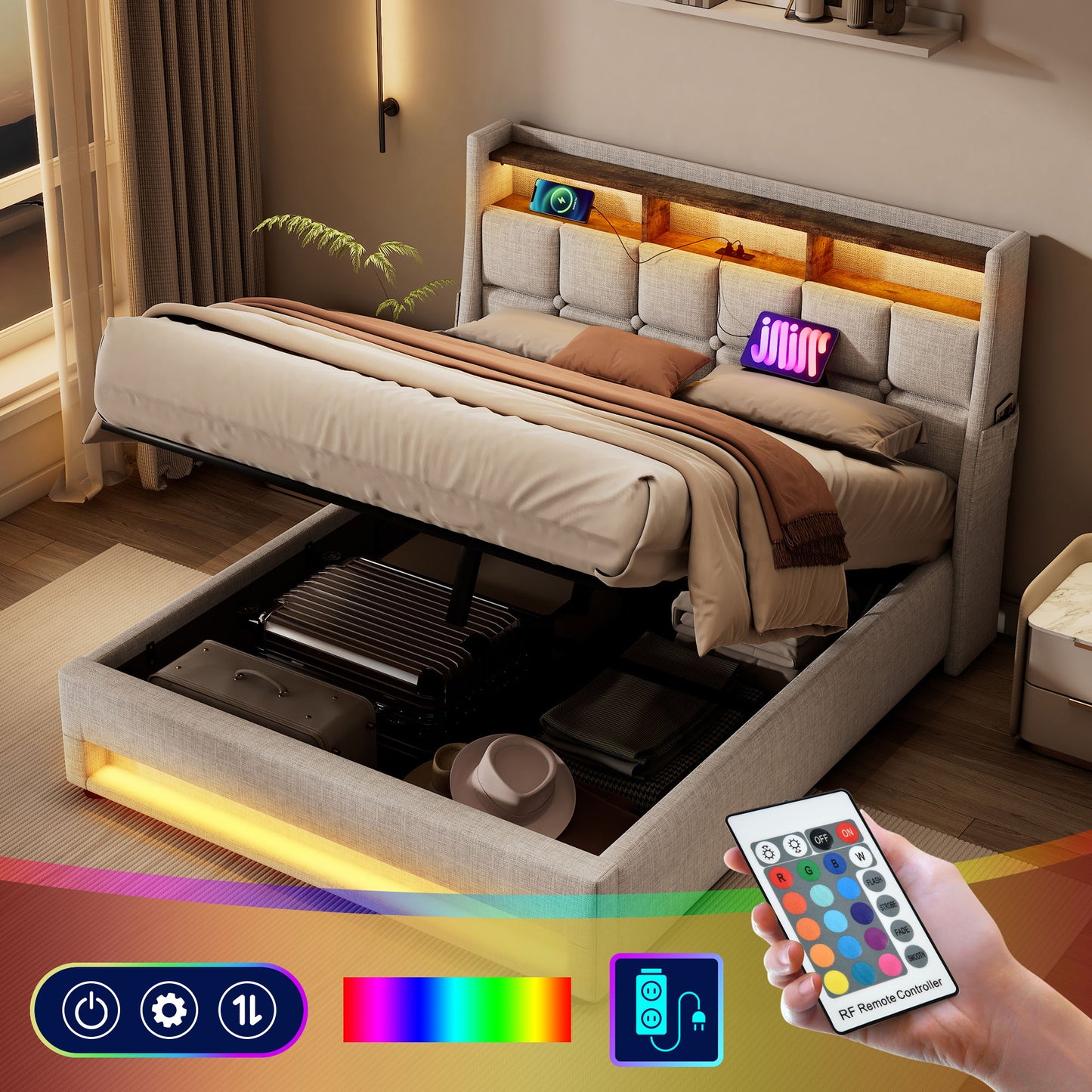 Full Size Upholstered Platform Bed With A Hydraulic Storage System, LED And USB Charging (Without Mattress) - Natural