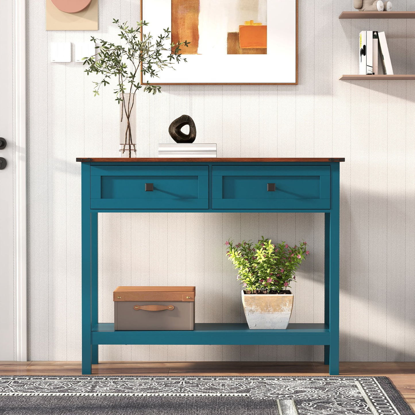 Farmhouse Style Console Table With 2 Drawers And Bottom Storage Shelf, Pagoda - Blue
