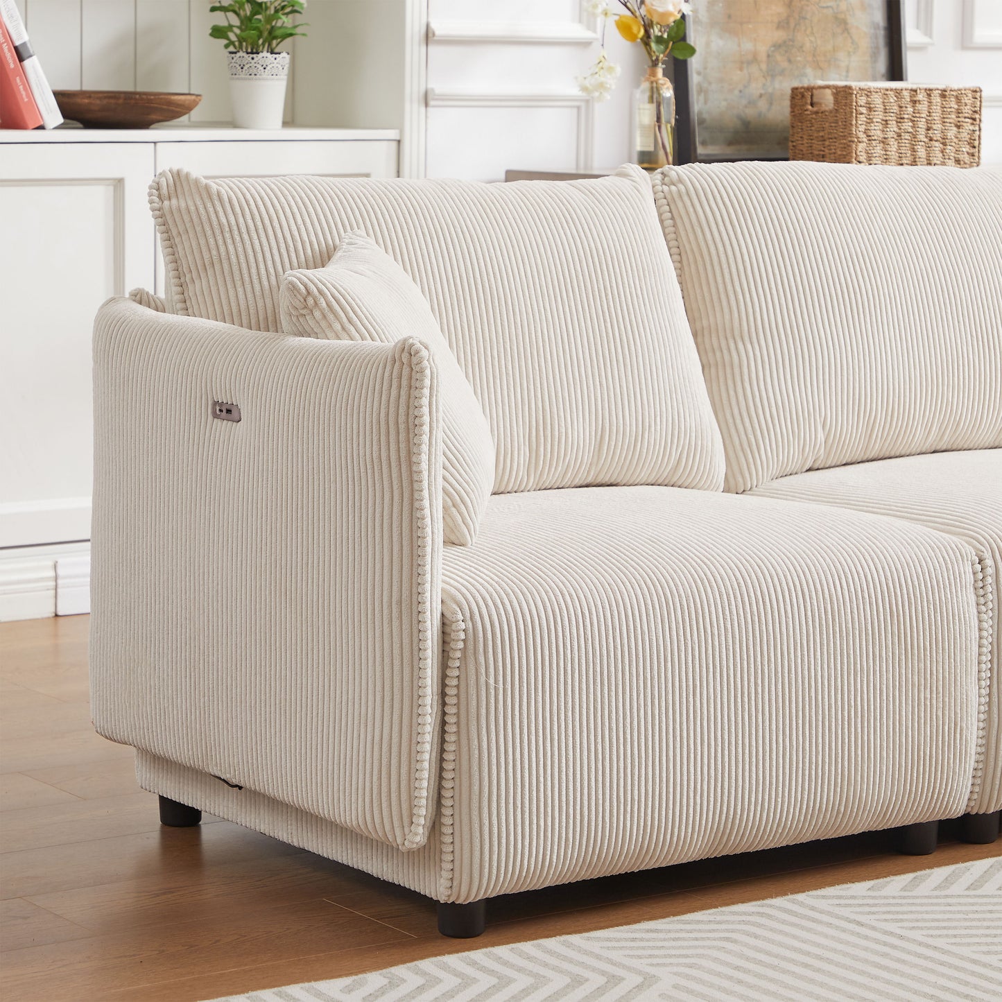 Multi Module Combination Style Sofa For Living Room And Other Lounge Spaces, Modern Minimalist Corduroy Combination Sofa With 2 Comfort Cushions With USB & C Charging Ports, 2 Sets - Beige