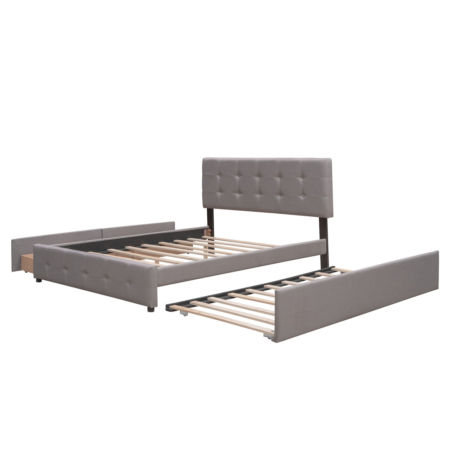 Queen Size Upholstered Platform Bed With 2 Drawers And 1 Twin Long Trundle - Light Gray