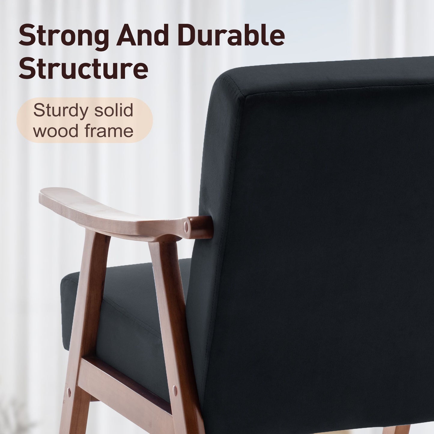 Mid Century Modern Wingback Accent Chair With Solid Wood Frame And Extra Thick Backrest - Lounge Chair For Living Room, Bedroom - Black