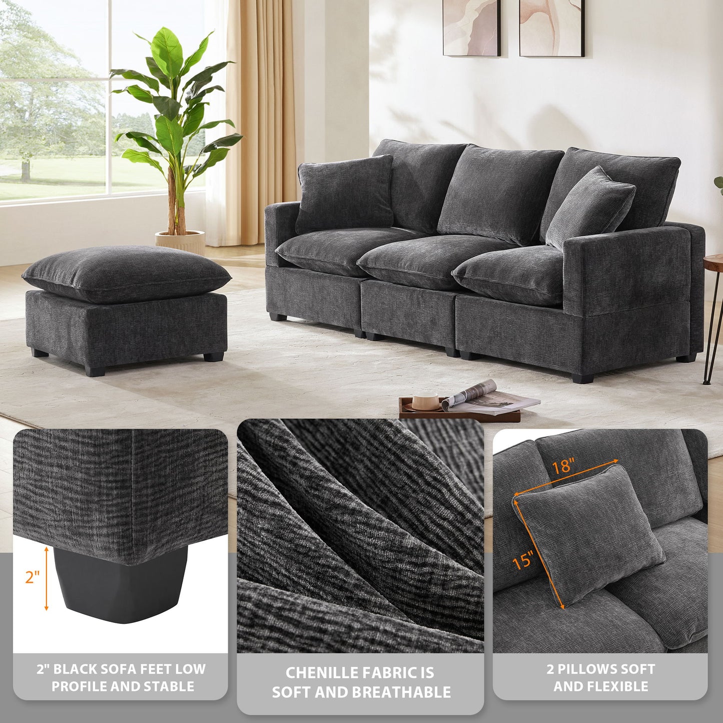 Modern, Modular Sofa, 4 Seat Chenille Sectional Couch Set With 2 Pillows Included, Freely Combinable Indoor Funiture - Black / Gray
