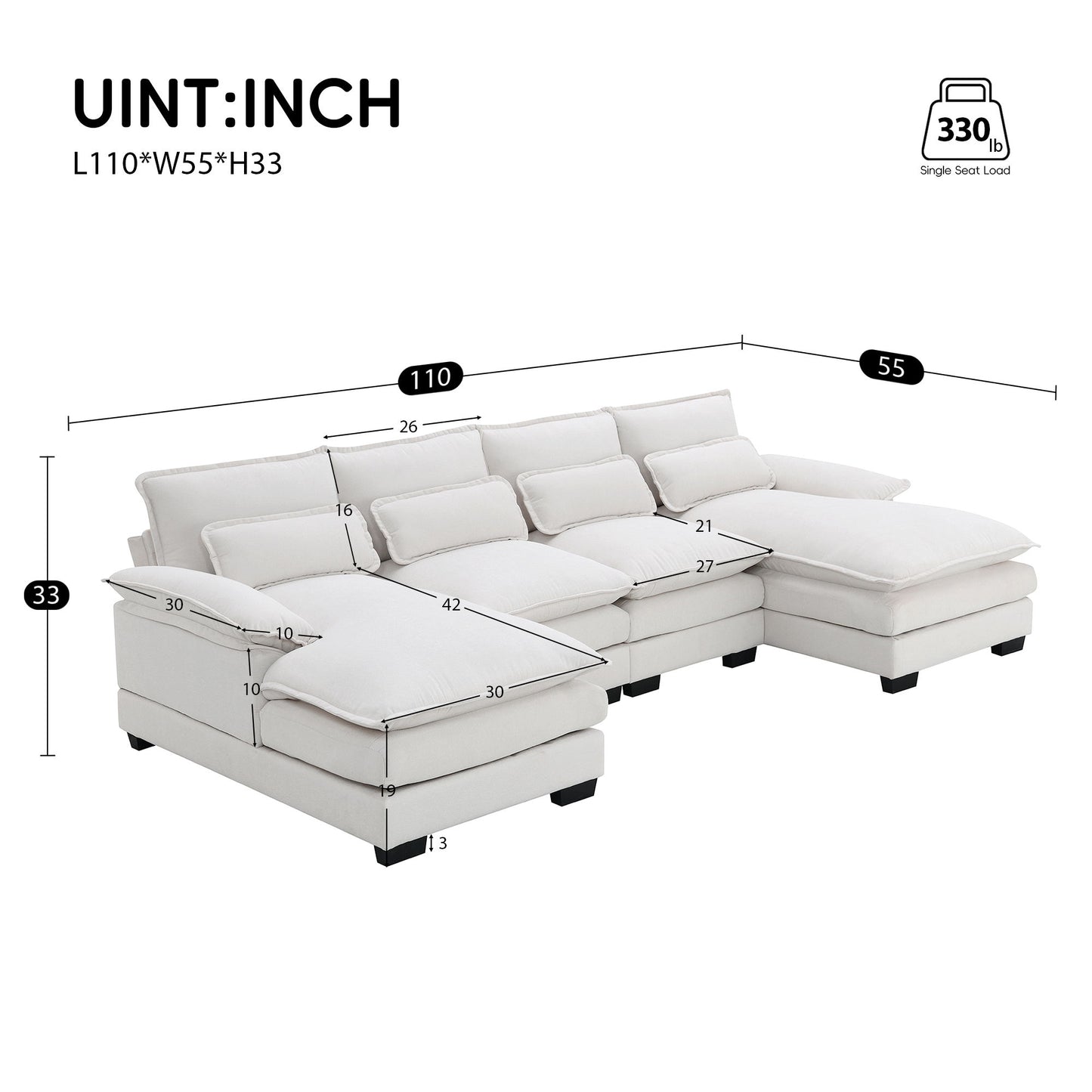Modern U-Shaped Sectional Sofa With Waist Pillows, 6 Seat Upholstered Symmetrical Sofa Furniture, Sleeper Sofa Couch With Chaise Lounge - White