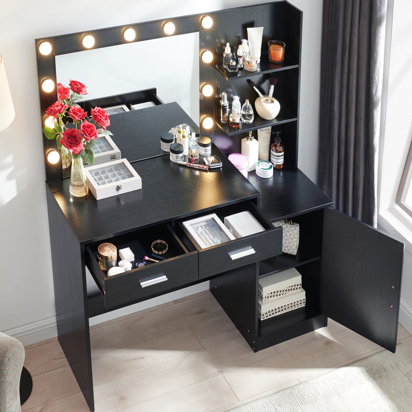 Vanity Desk With Mirror And Lights, 46.4In Dressing Table With 2 Large Drawer & Large Vertical Organizer, 3 Level Dresser & 3 Lighting Modes Adjustable Brightness, Suitable For Bedroom - Black