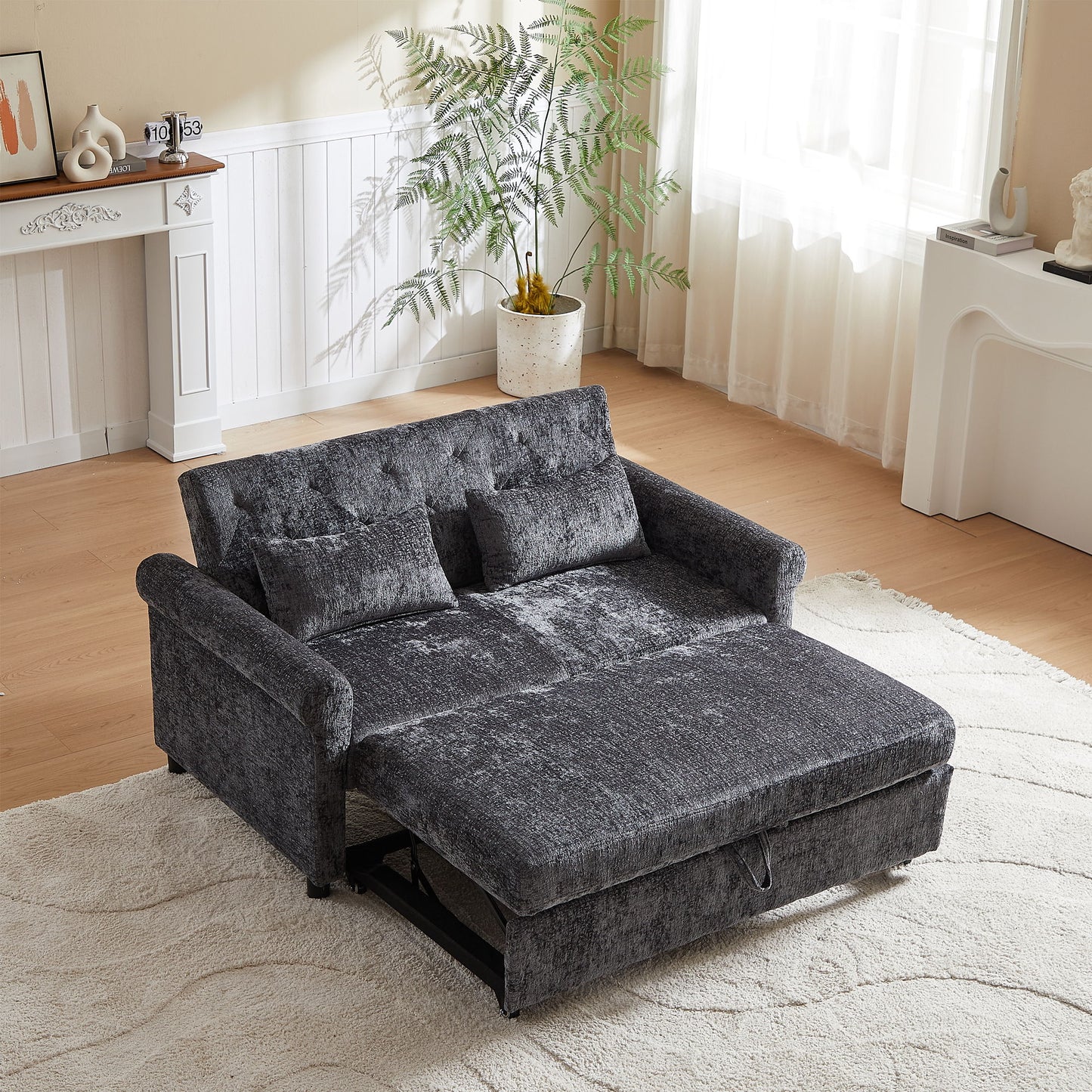 3 In 1 Loveseat Sofa Bed Chenille Fabric Pull Out Couch Sleeper Full Back Frame, Seat Frame, Armrests & 2 Pillows - Dark Gray