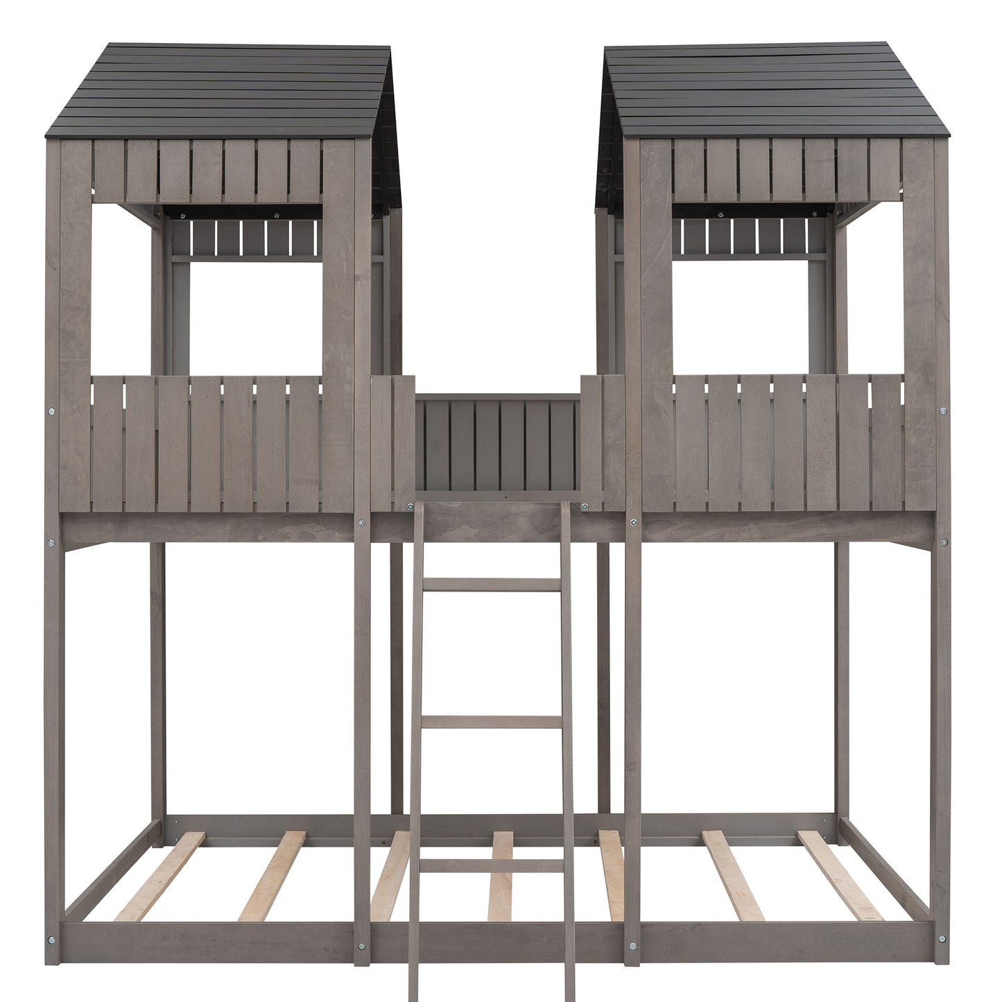 Full Over Full Bunk Bed With Roof, Window, Guardrail, Ladder - Antique Gray
