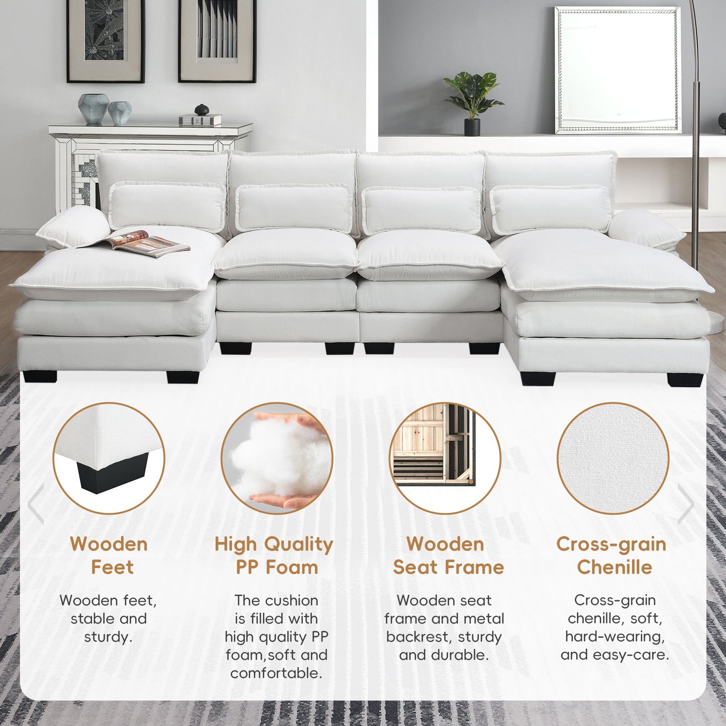 Modern U-Shaped Sectional Sofa With Waist Pillows, 6 Seat Upholstered Symmetrical Sofa Furniture, Sleeper Sofa Couch With Chaise Lounge - White