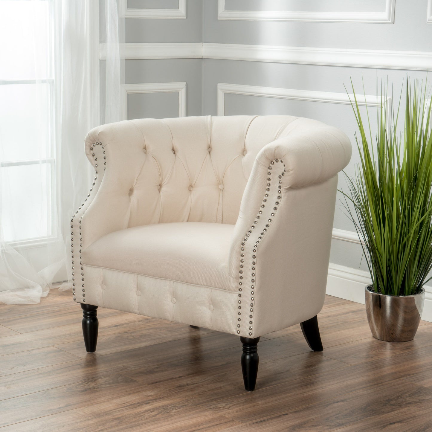 Celestialis - Upholstered Fabric Club Chair With Tub Design And Rolled Recessed Armrests - Beige
