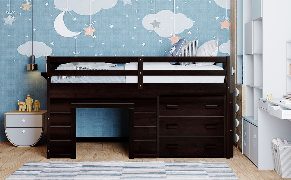 Twin Size Loft Bed With Cabinet And Shelf - Espresso