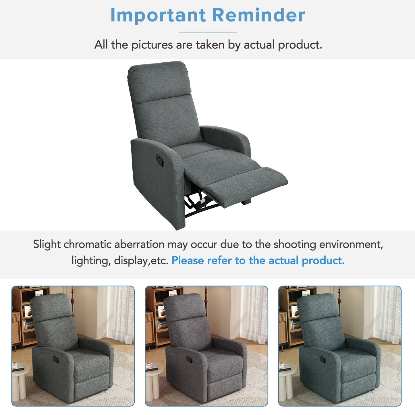 Modern Manual Recliner, Home Theater Chair With Adjustable Backrest For Living Room - Charcoal