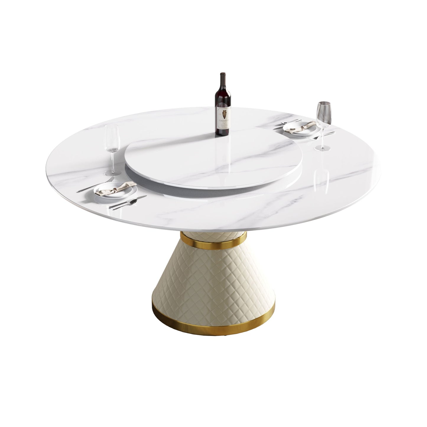 59.05" Modern Artificial Stone Round Carbon Steel Base Dining Table, Can Accommodate 6 People Artificial Stone Turntable - White