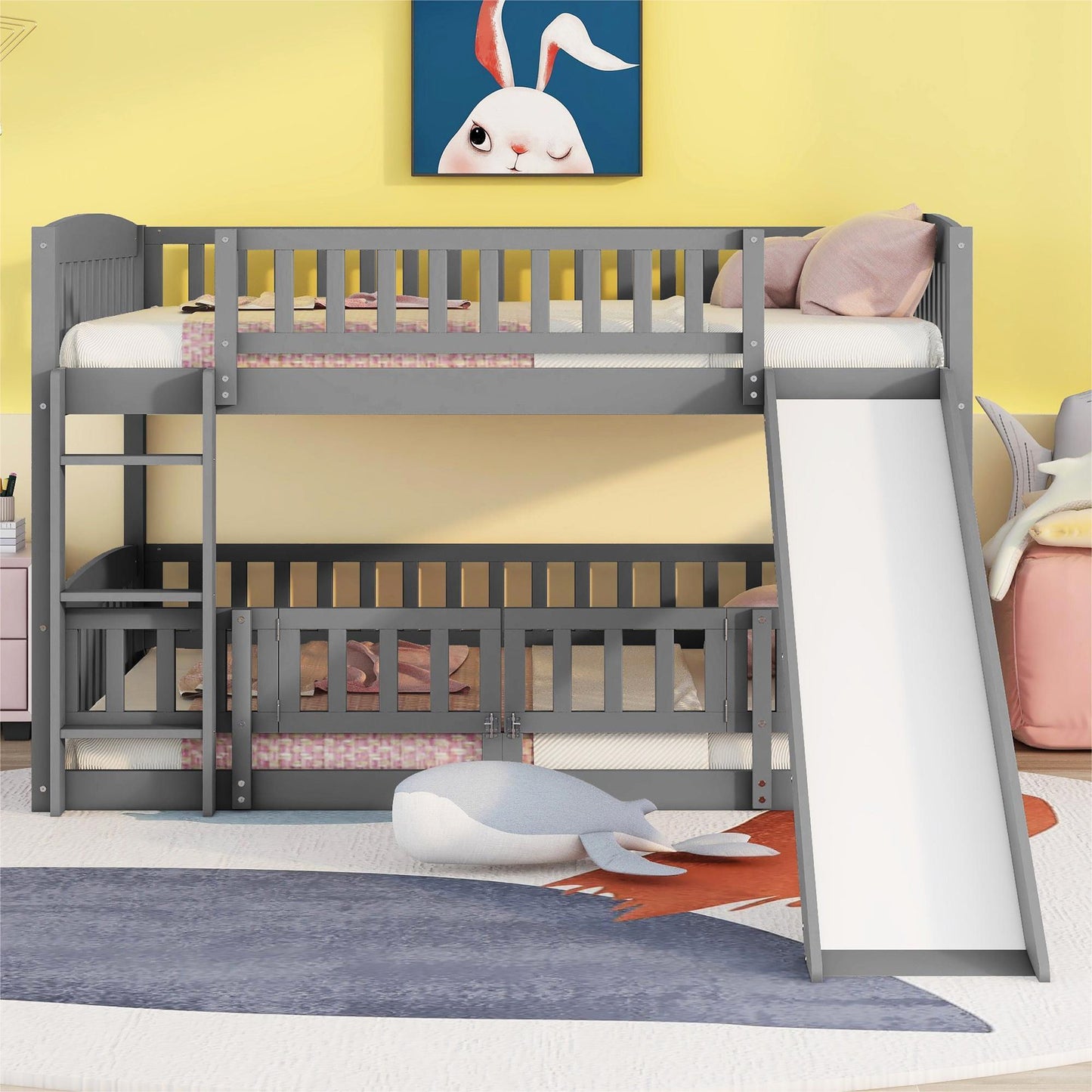 Full Over Full Low Bunk Bed With Slide, Fence And Ladder - Gray