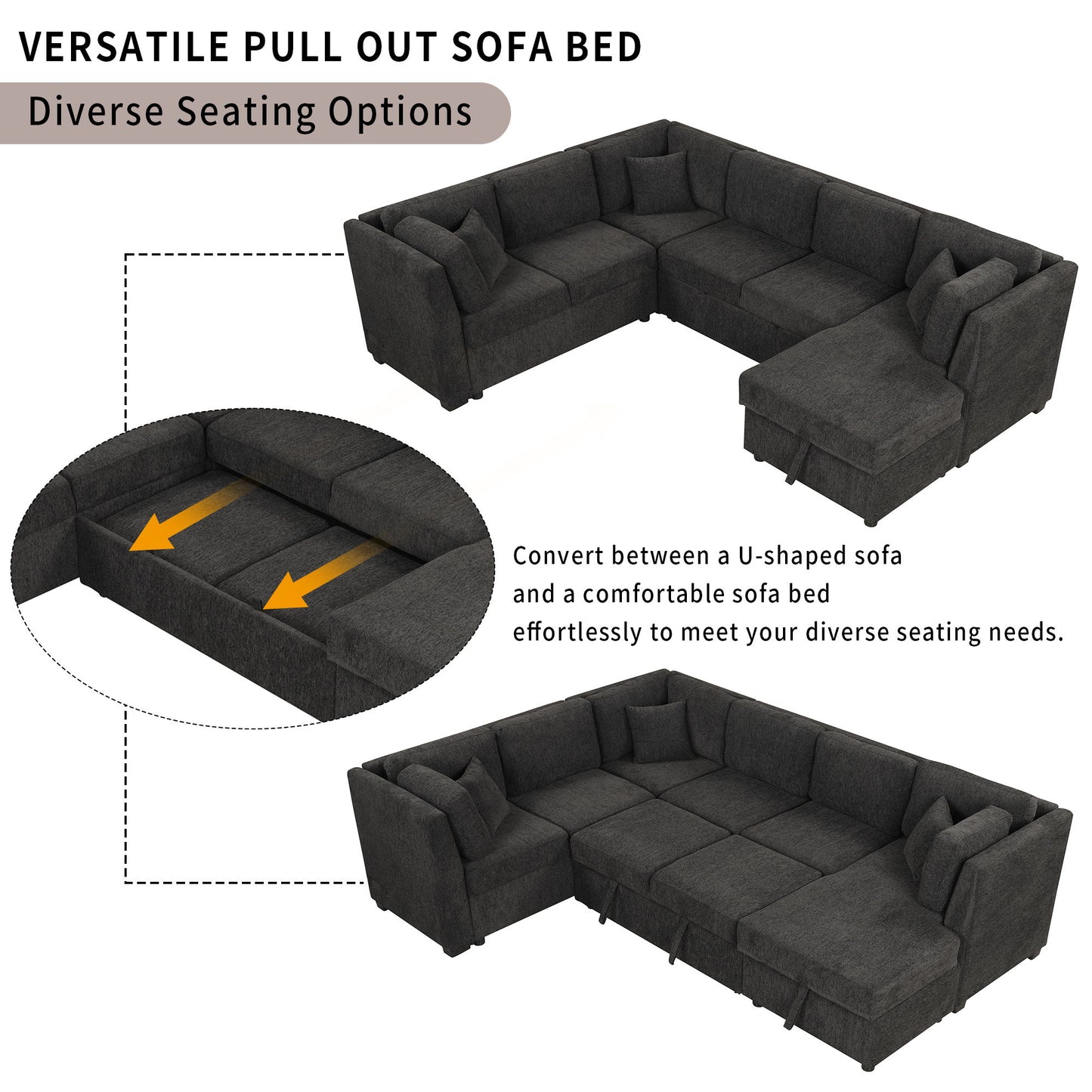 U-Shaped Sectional Sofa Pull Out Sofa Bed With Two USB Ports, Two Power Sockets, Three Back Pillows And A Storage Chaise For Living Room - Black
