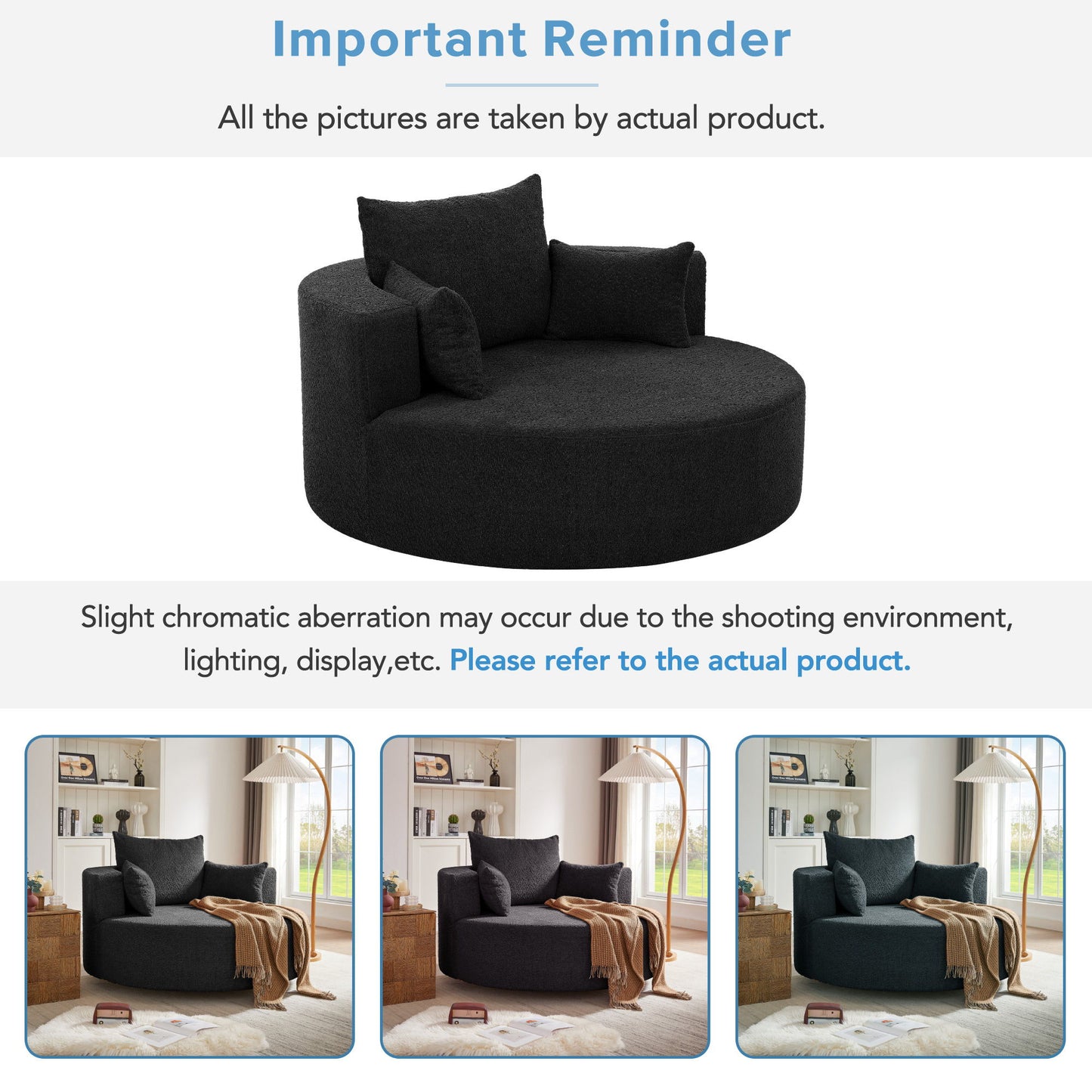 360 Degree Swivel Accent Barrel Chair With Removable Pillows - Black