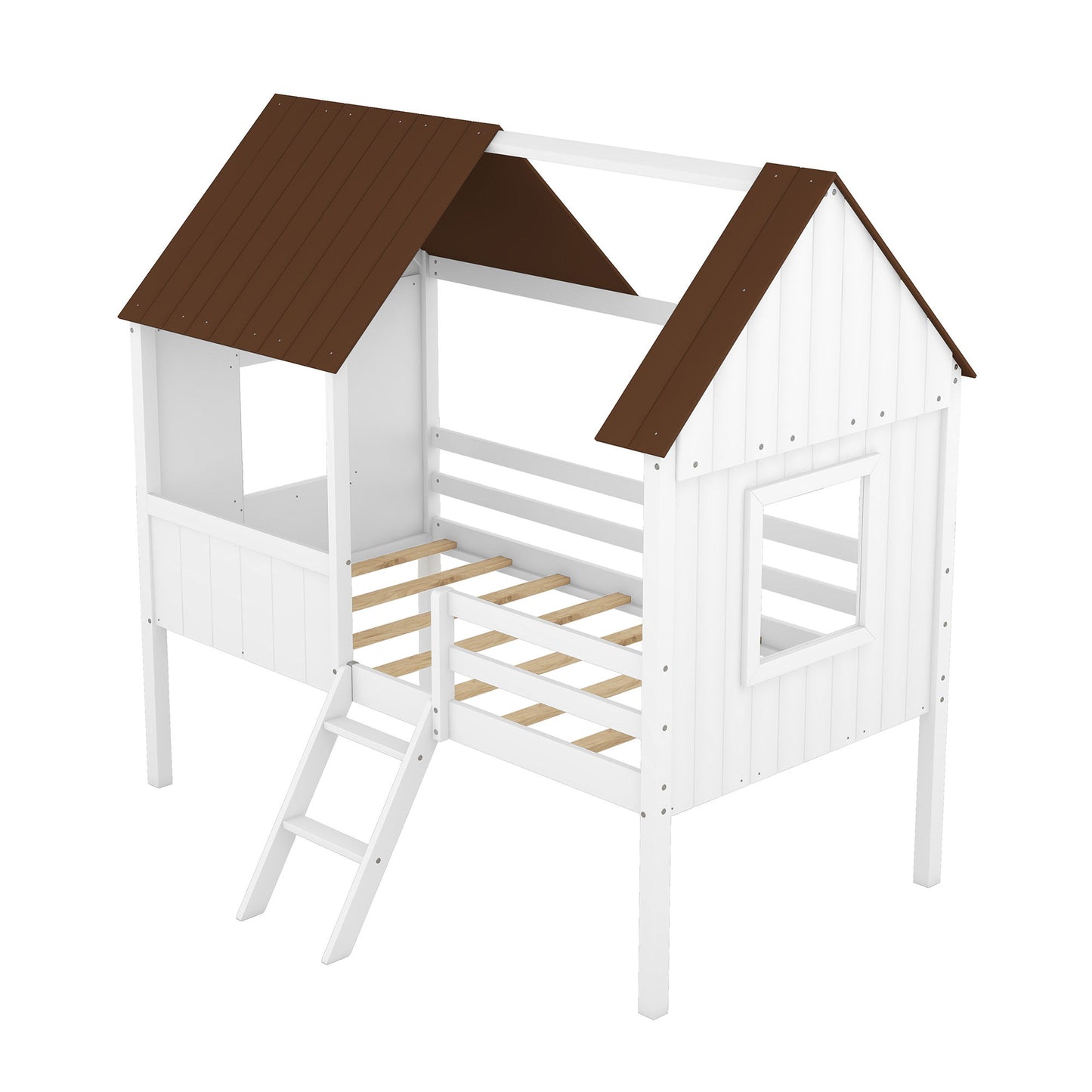 Twin Size Low Loft House Bed With Two Side Windows - White / Brown
