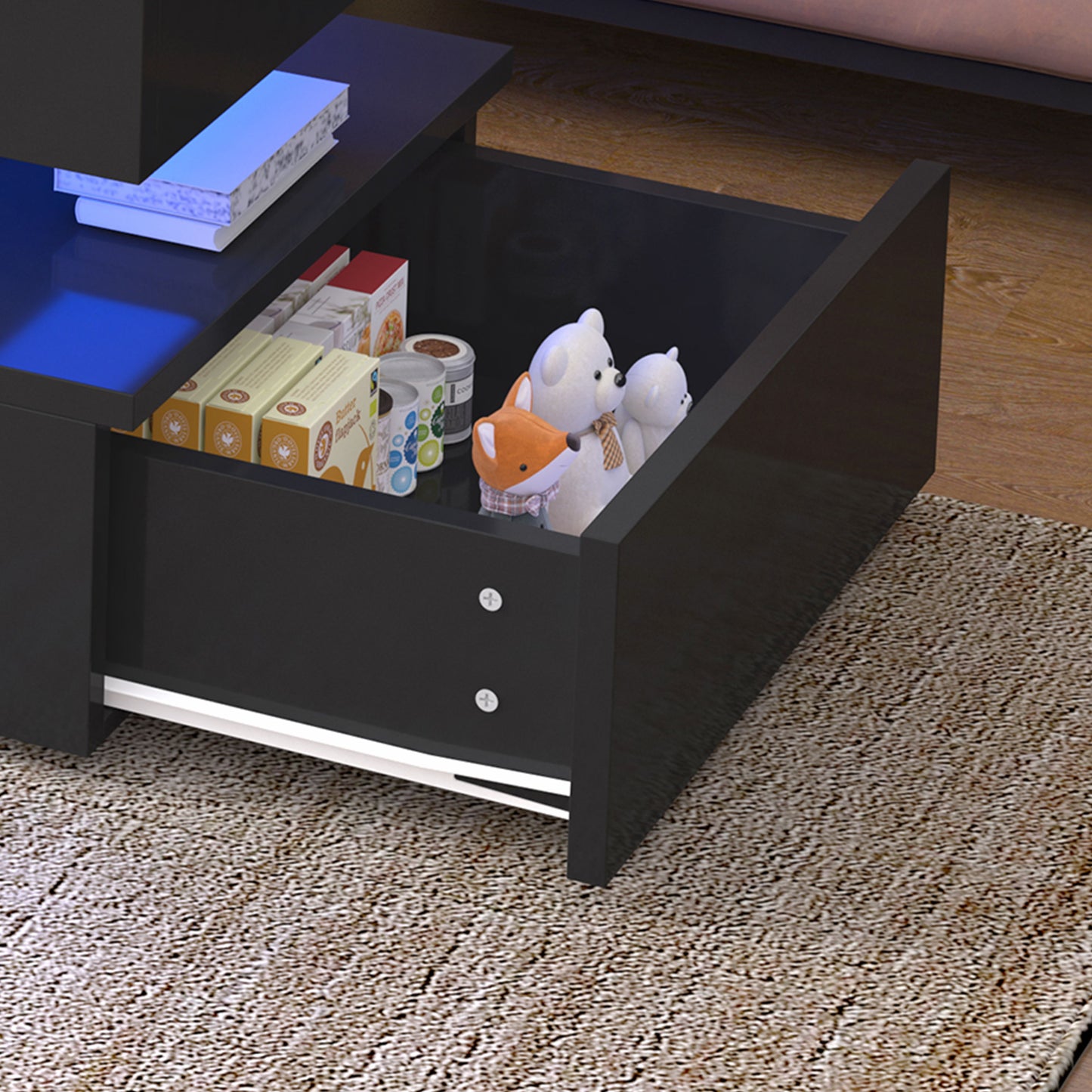 High Quality Foldable 3 Tier Coffee Table With Drawers And LED Light - Black
