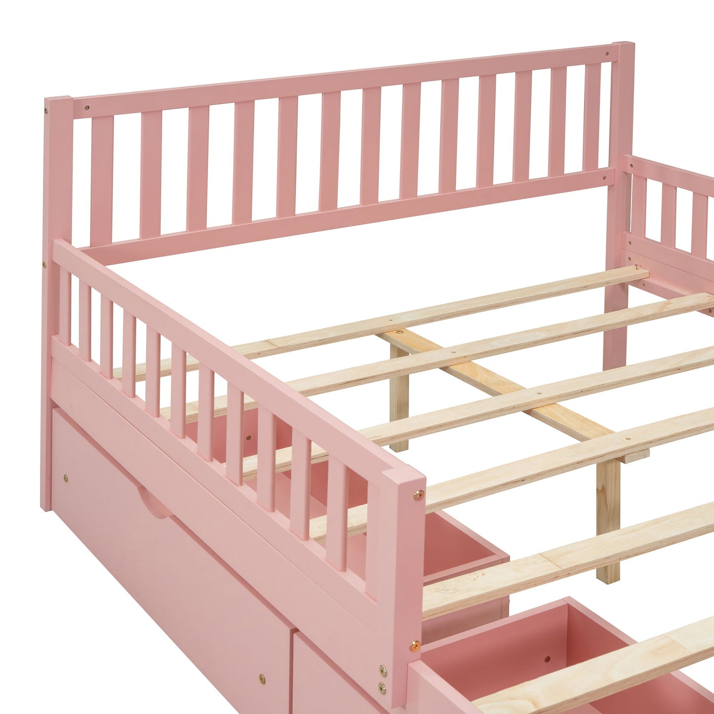 Full Size Platform Bed With Guardrails On Both Sides And 2 Storage Drawers - Pink