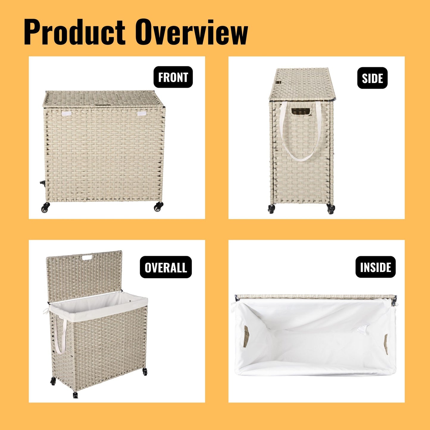 Laundry Hamper With Lid PE Rattan Powder Coating Frame Clothes Hampers With 2 Removable Bags, Wheels, 160L - Gray