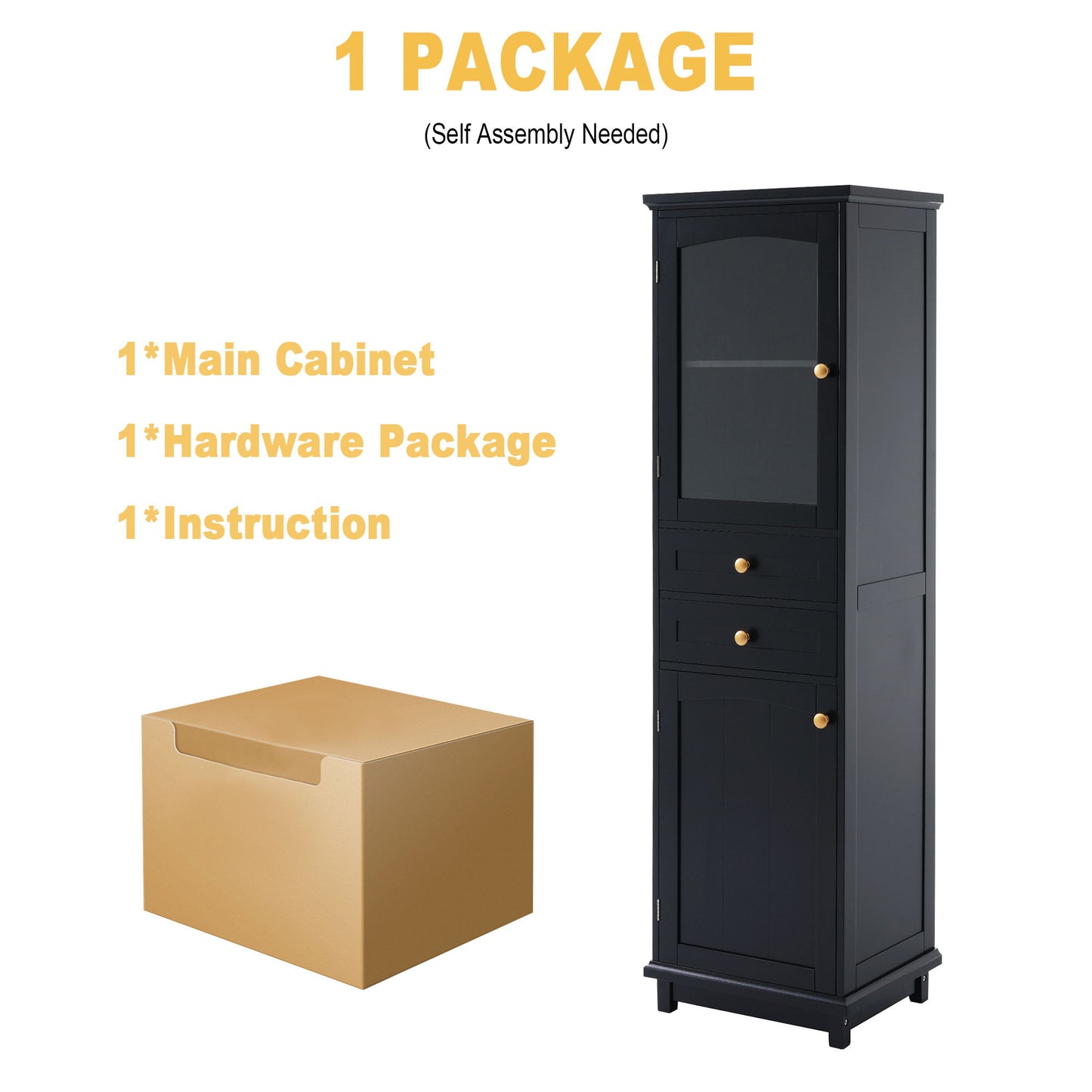 Tall Bathroom Storage Cabinet With Glass Doors, Free-Standing, Two Drawers, And Adjustable Shelves, MDF Board, Painted Perfect For Displaying Your Favorite Items - Black