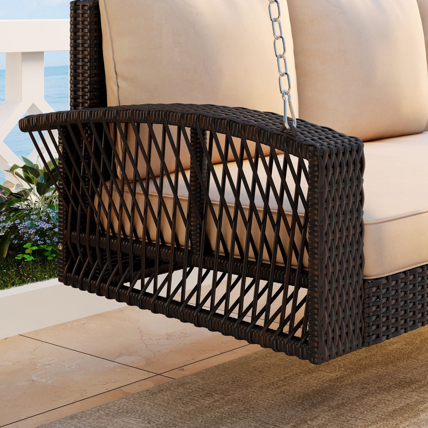3 Person Porch Swing With Chains, Large Patio Swing Bench With Cushions For Backyard, Garden, And Poolside - Brown