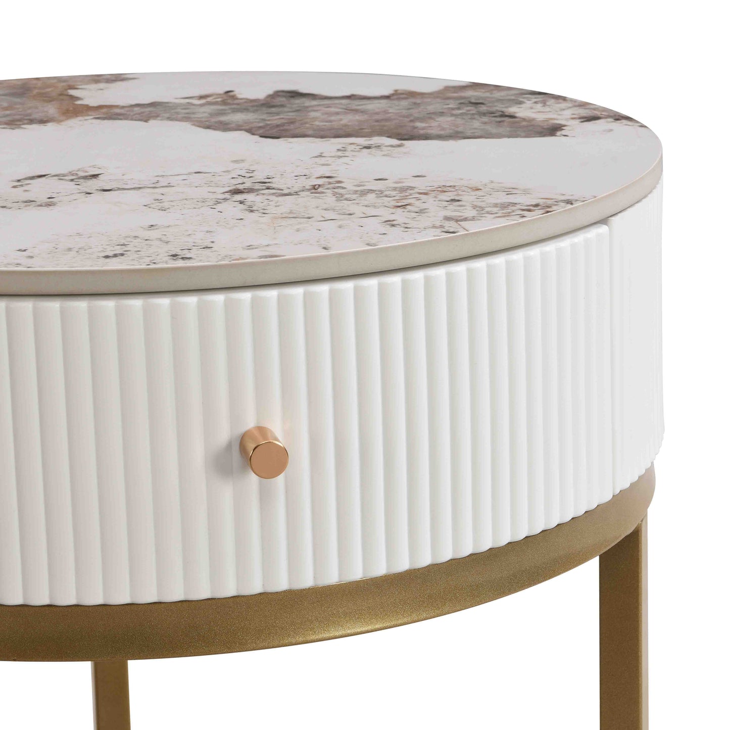 Modern Nightstand With Drawer, Marble Round End Table - White