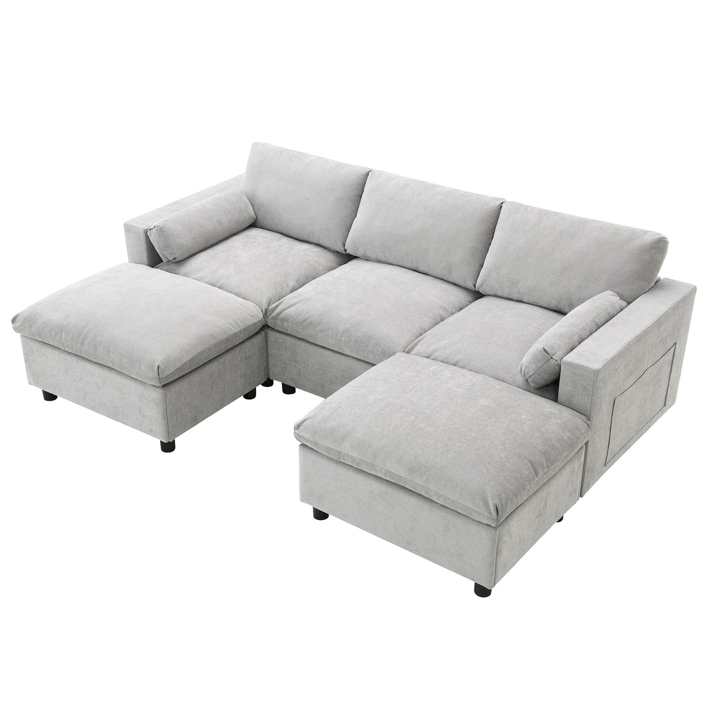 Modular Sectional With Storage Pockets, 5 Seat U Shaped Couch Set With Pillows, Free Combination Modern Cloud Sofa With 2 Movable Ottoman - Medium Gray