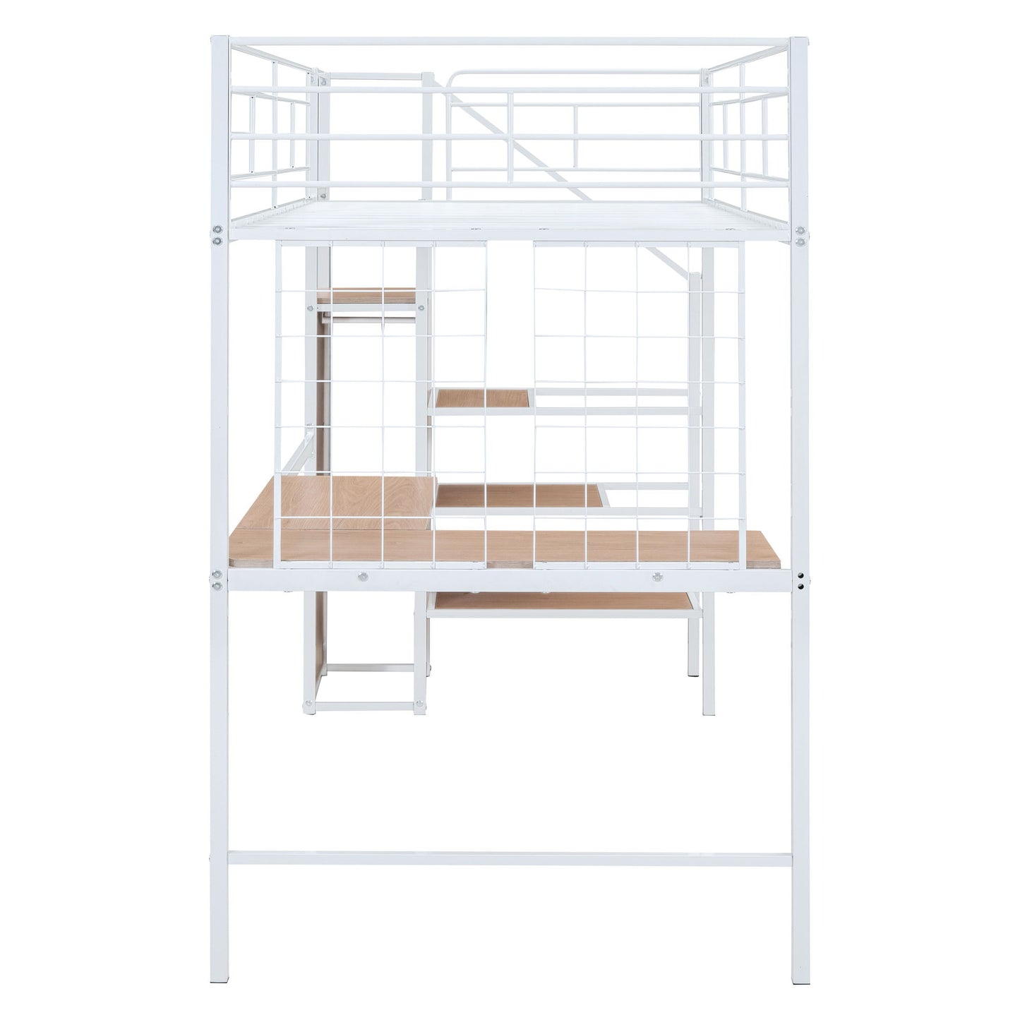 Twin Size Loft Bed With Desk And Grid, Stylish Frame With Lateral Storage Ladder And Wardrobe - White