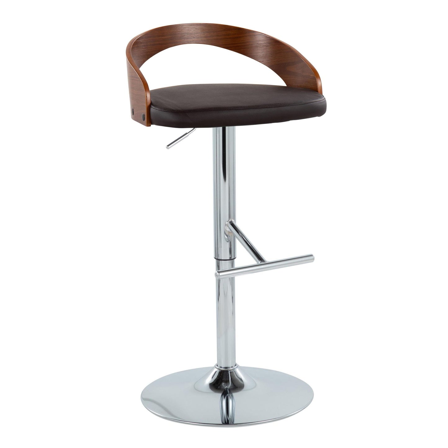 Grotto - Mid-Century Modern Adjustable Height Barstool With Swivel With Straight T Footrest (Set of 2) - Chrome / Walnut / Brown
