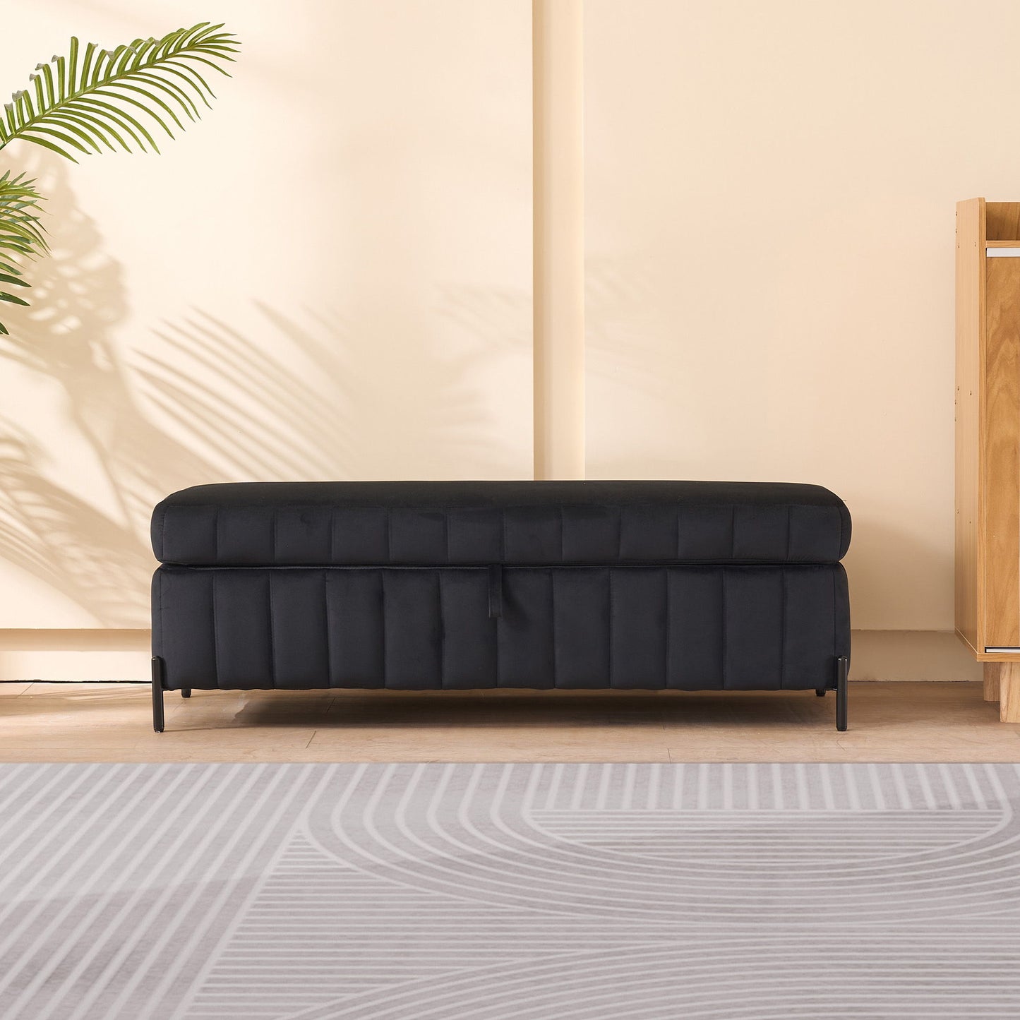 Wide Upholstered Velvet Storage Soft Bench Footstool Ottoman End Of Bed With Metal Legs, Foot Rest For Living Room, Entryway And Bedroom - Black