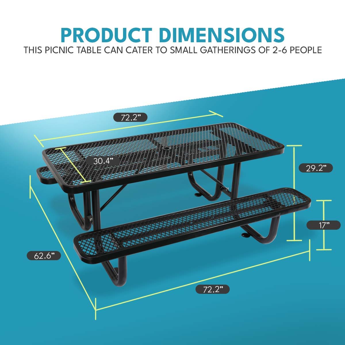 Outdoor Steel Picnic Rectangular Table With Umbrella Pole - Black