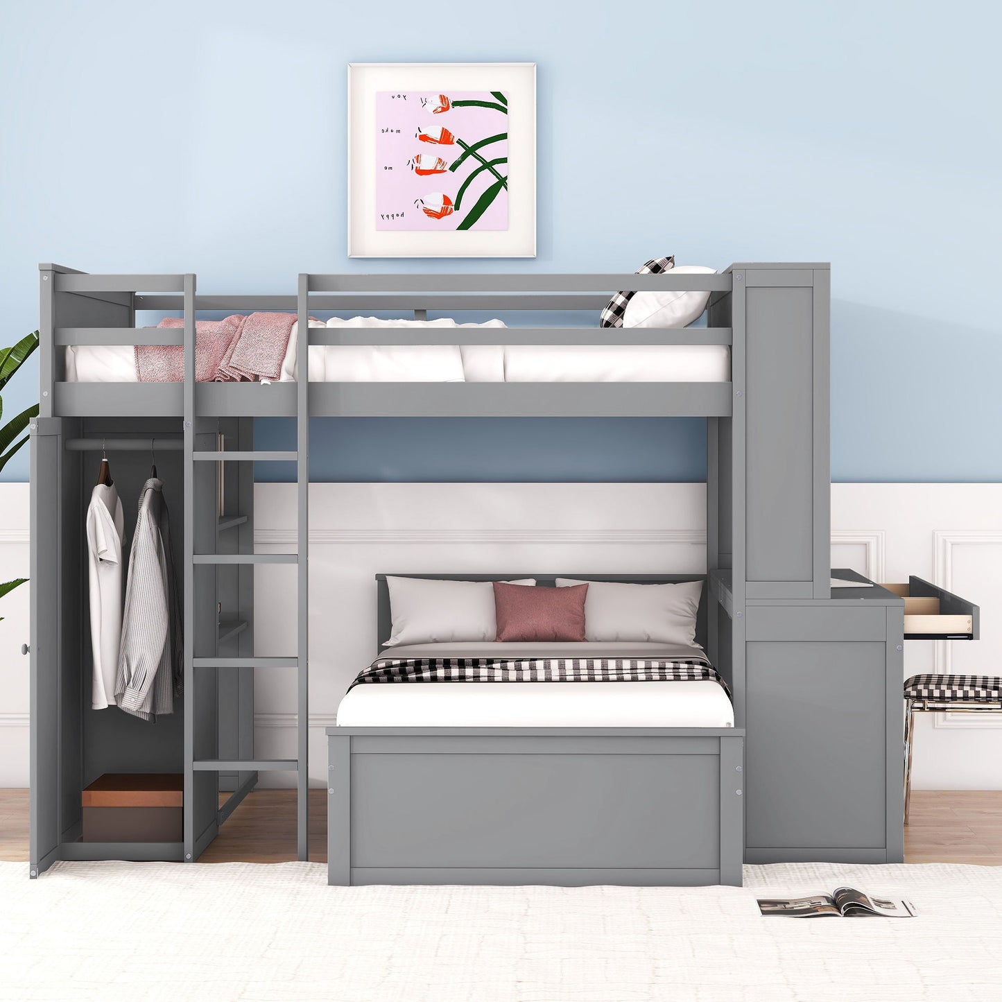 Full Size Loft Bed With A Twin Size Standalone Bed, Shelves, Desk, And Wardrobe - Gray