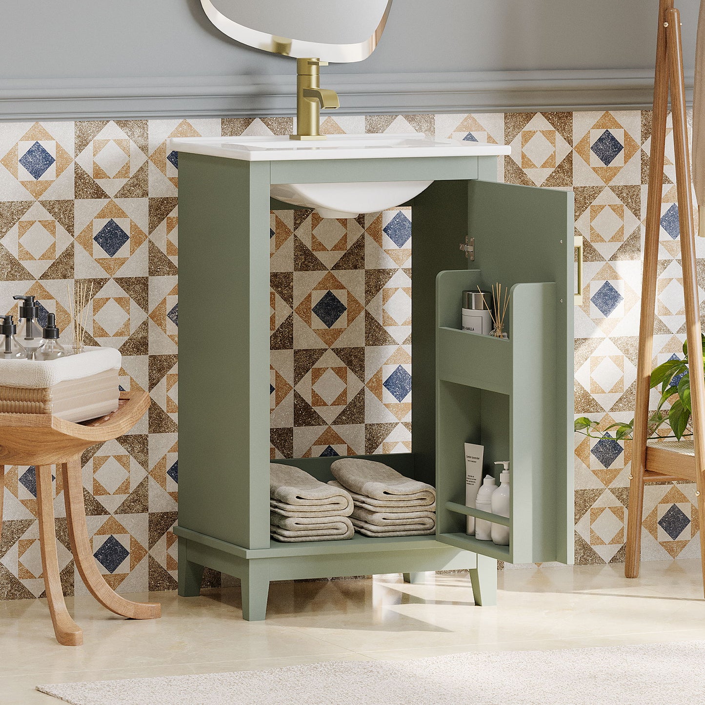 Modern Small Bathroom Vanity Cabinet With Ceramic Basin, Ample Storage, 1 Soft Close Door - Green