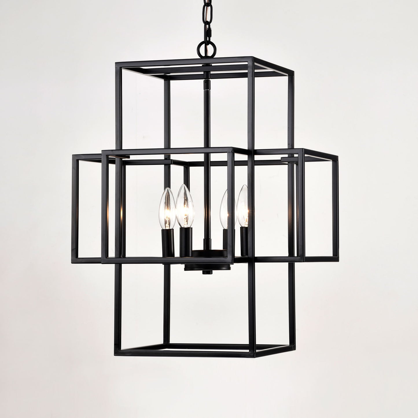 4 Light Metal Lantern Tiered Pendant Hanging Light Fixtures, Industrial Farmhouse Adjustable Height Chandeliers For Dining Room Hallway Foyer Entryway (E12 Bulbs Not Included) - Matte Black