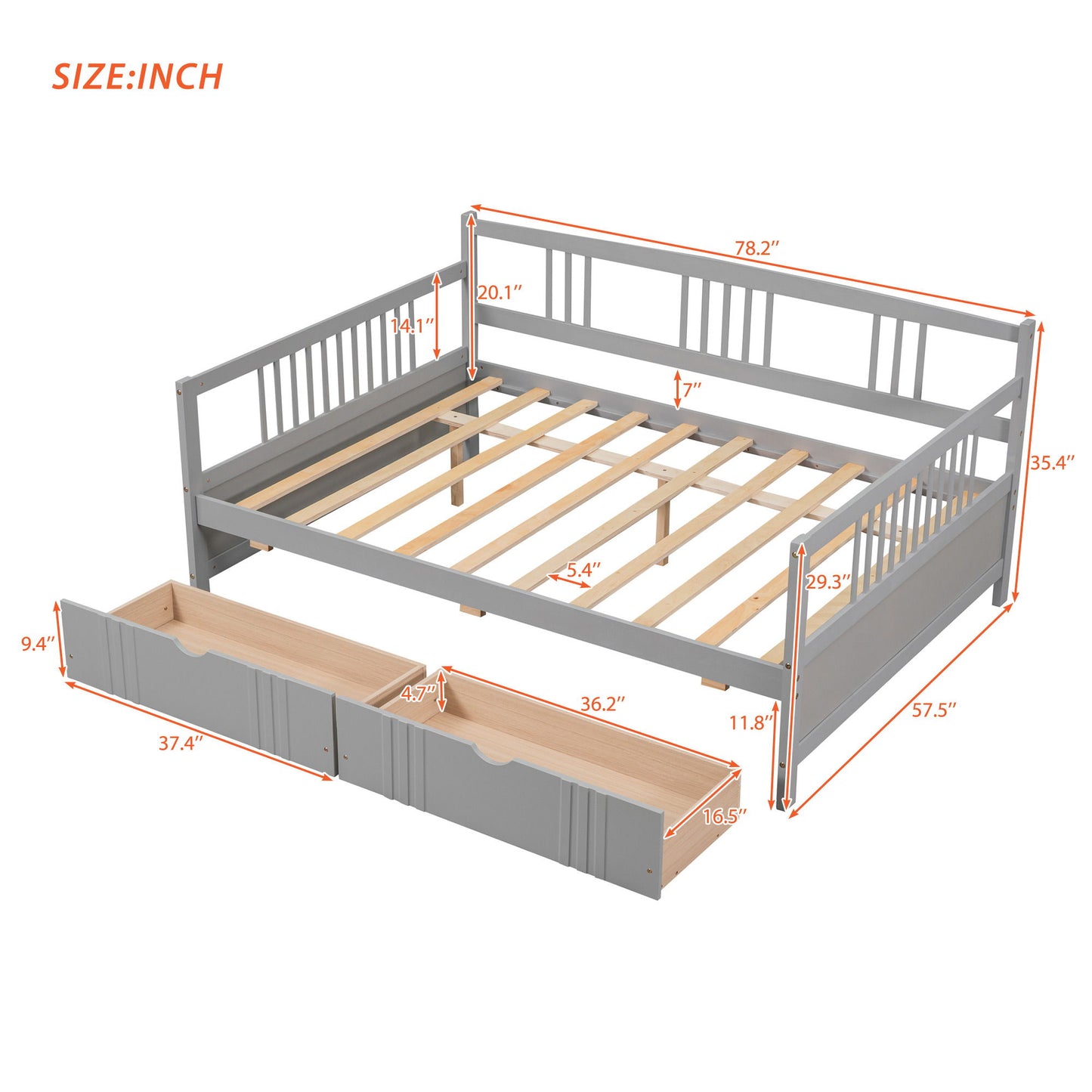 Full Size DayBed With 2 Drawers - Gray