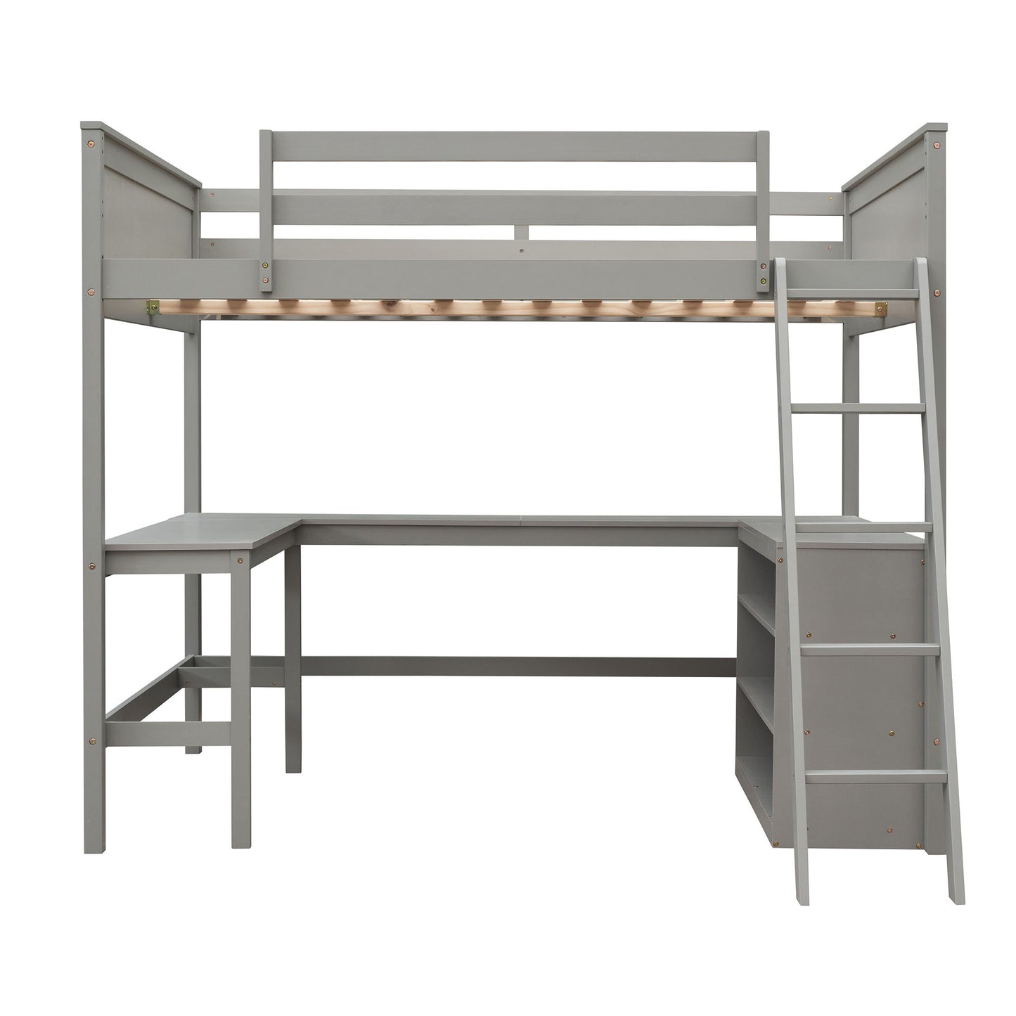 Full Size Loft Bed With Shelves With Desk - Gray