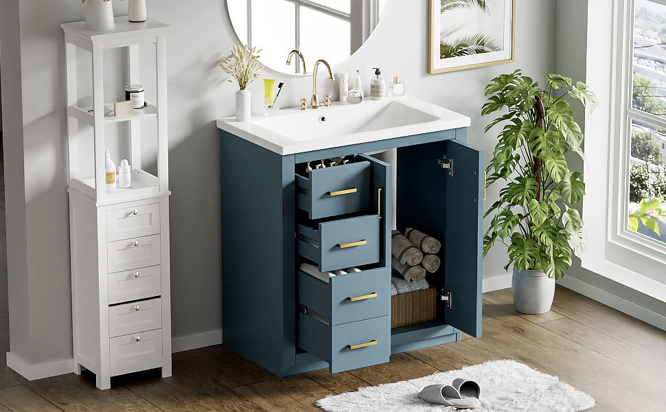 Bathroom Vanity With Ceramic Sink Combo, Frame Bathroom Storage Cabinet, Freestanding Vanity Set With 3 Drawers & Soft Closing Doors - Indigo