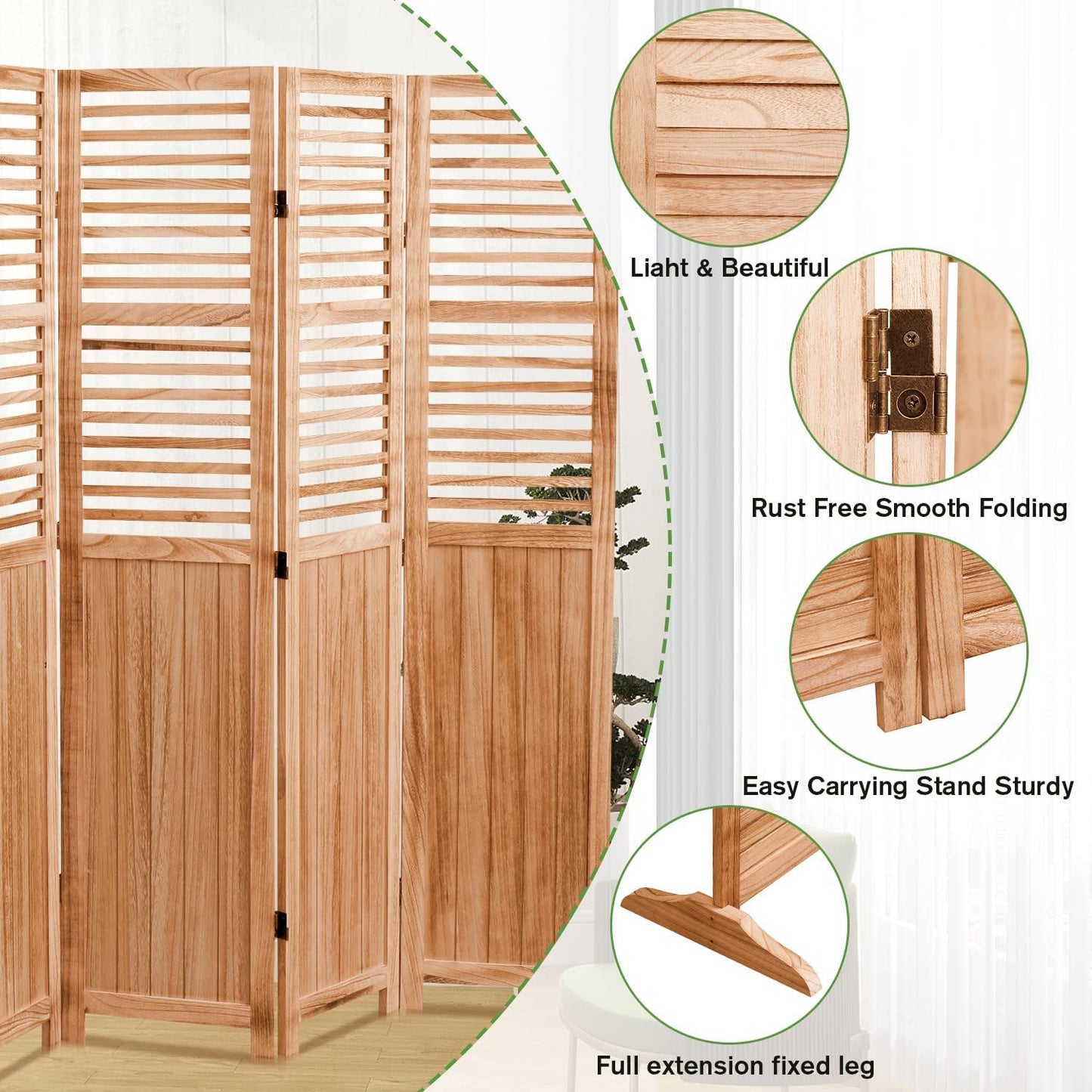Panel Wooden Folding Room Divider - Natural