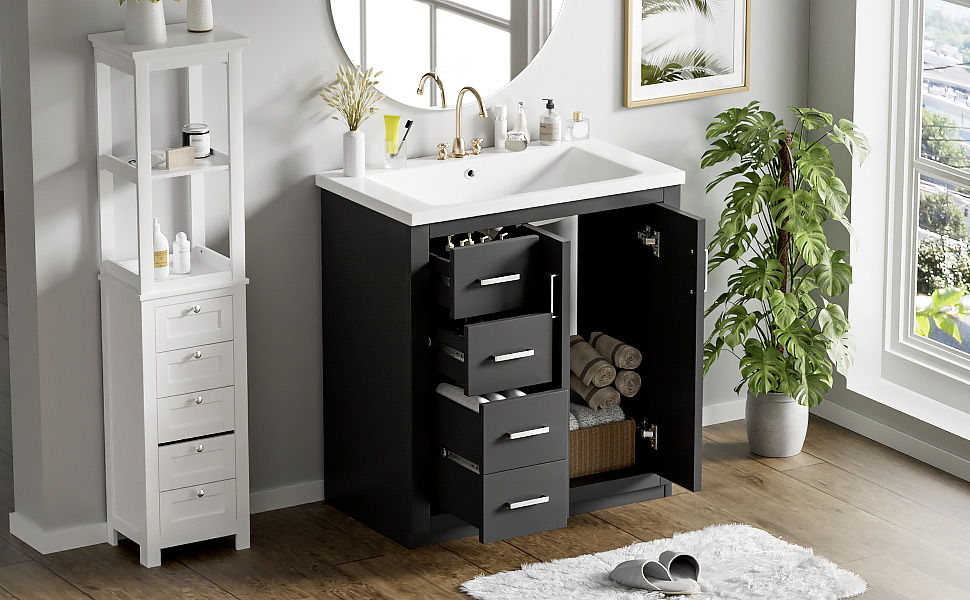 Bathroom Vanity With Ceramic Sink Combo, Frame Bathroom Storage Cabinet, Freestanding Vanity Set With 3 Drawers & Soft Closing Doors - Black