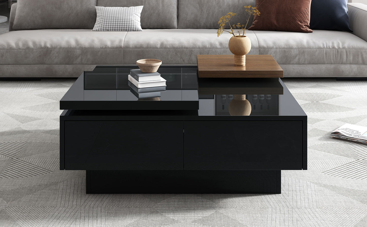 Movable Top Coffee Table, Modern Square Wood Coffee Table With High Gloss Finish, 4 Hidden Storage Drawers For Living Room - Black
