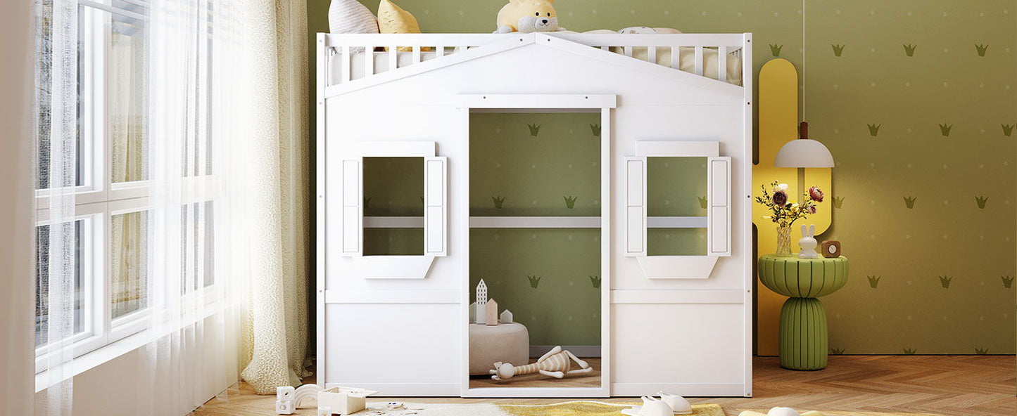 Twin Size House Loft Bed With Ladder - White