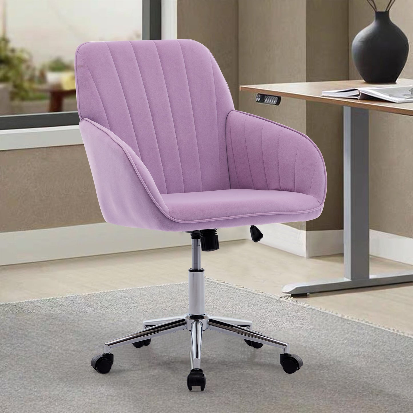 Ergonomic Swivel Office Chair, Comfortable Backrest Seat, Velvet, Adjustable For Home And Bedroom - Lilac