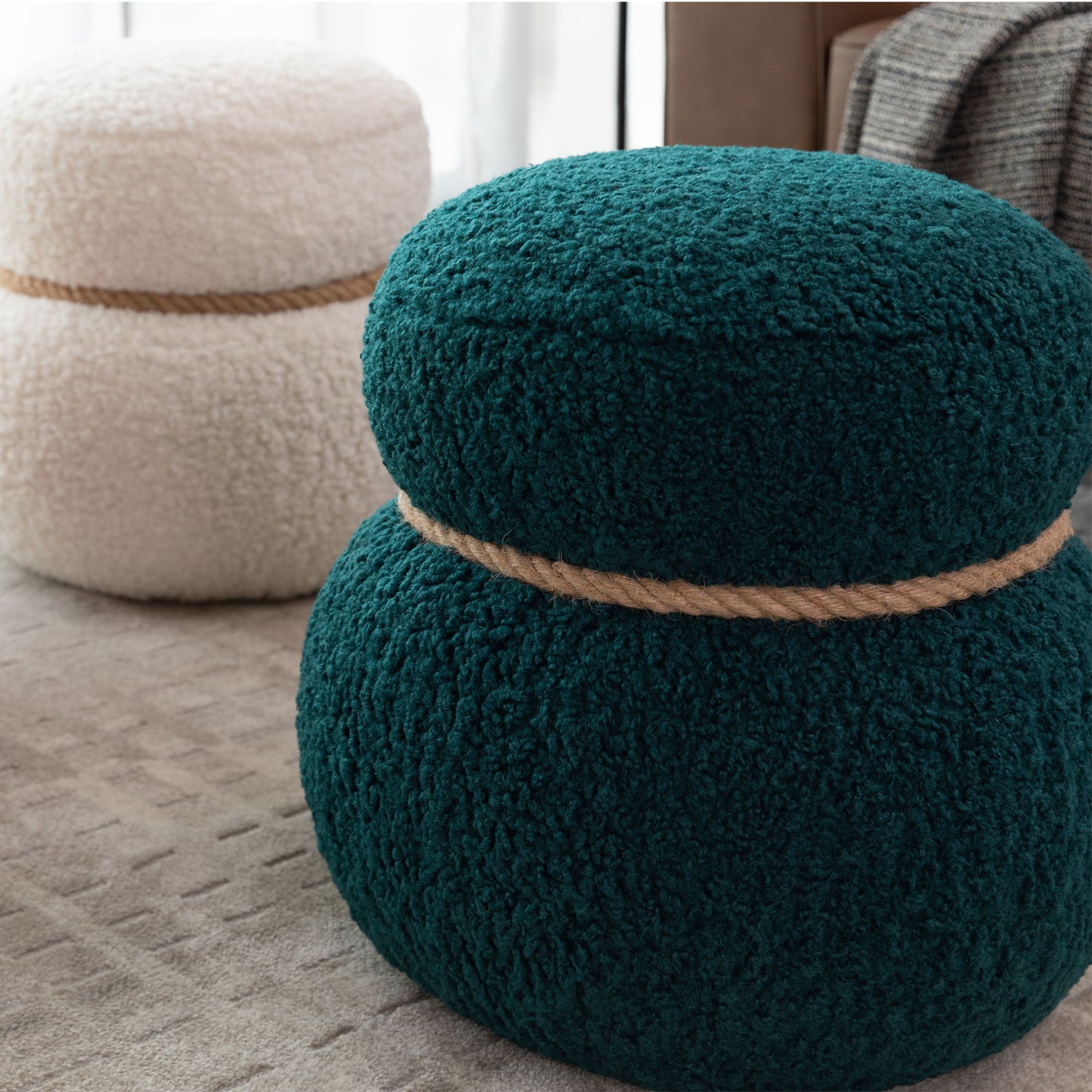 Snowman Stool With Lamb Wool Cushion And Solid Wood Frame - Dark Green