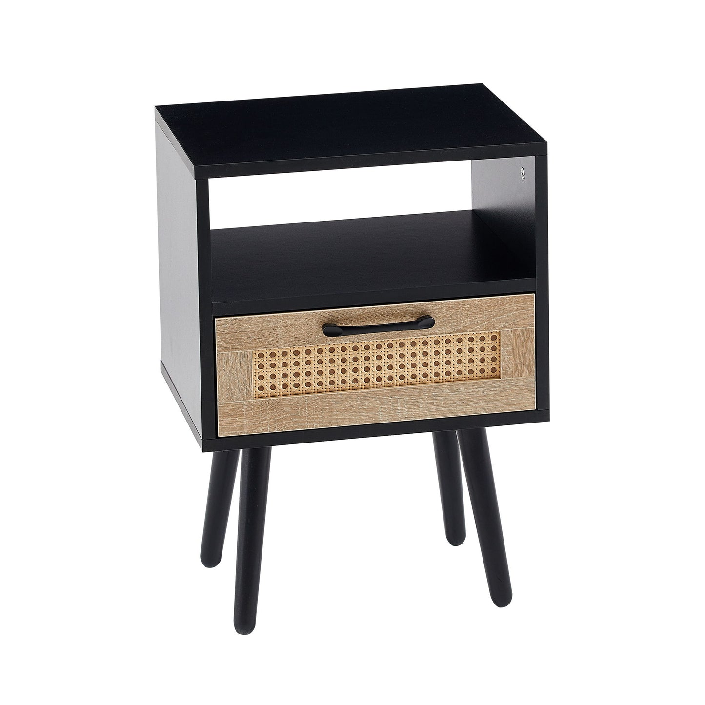 15.75" Rattan End Table With Drawer And Solid Wood Legs, Modern Nightstand, Side Table For Living Room, Bedroom - Black